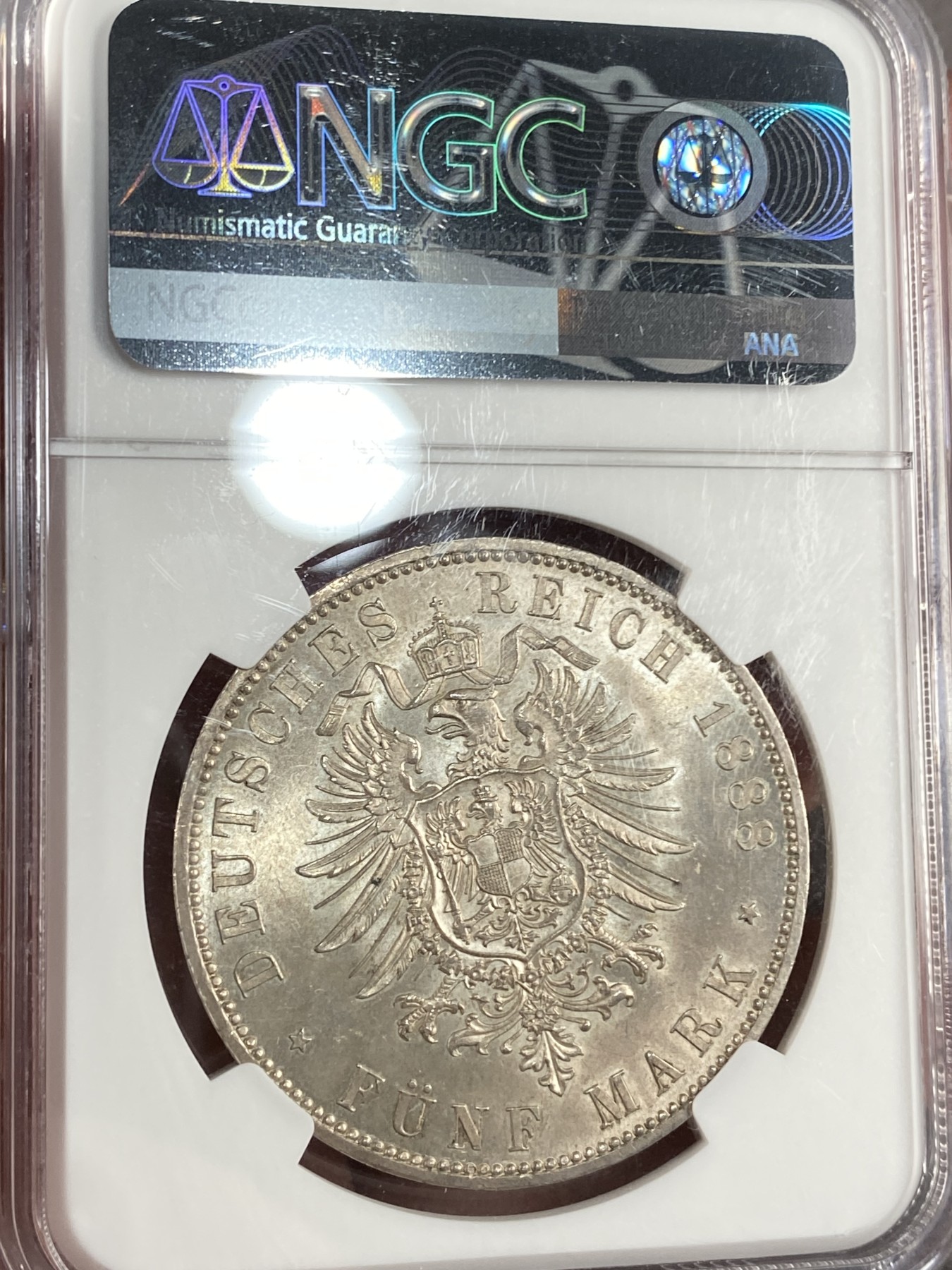 万国钱币拍卖第015期（奢华币章第二季） NGC MS64 1888年德国普鲁士腓特烈三世短翅5马克 经典三皇年 光度和底板都有卓越的表现