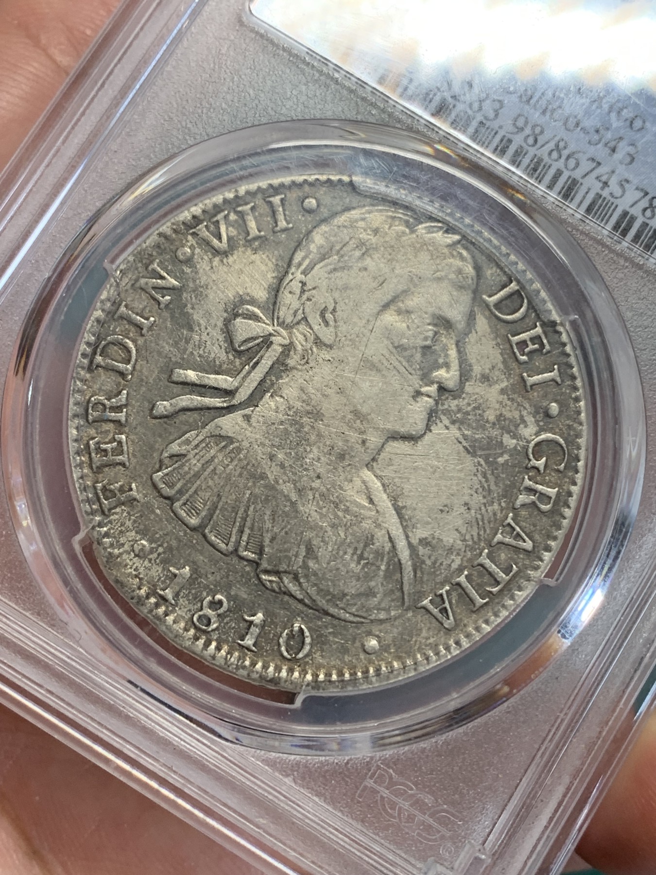 《竞宝斋》第193场-周日，周一 2场 (全场包邮) PCGS-VF 1810年 墨西哥 斐迪南七世 8R 戎装版 双柱大银币