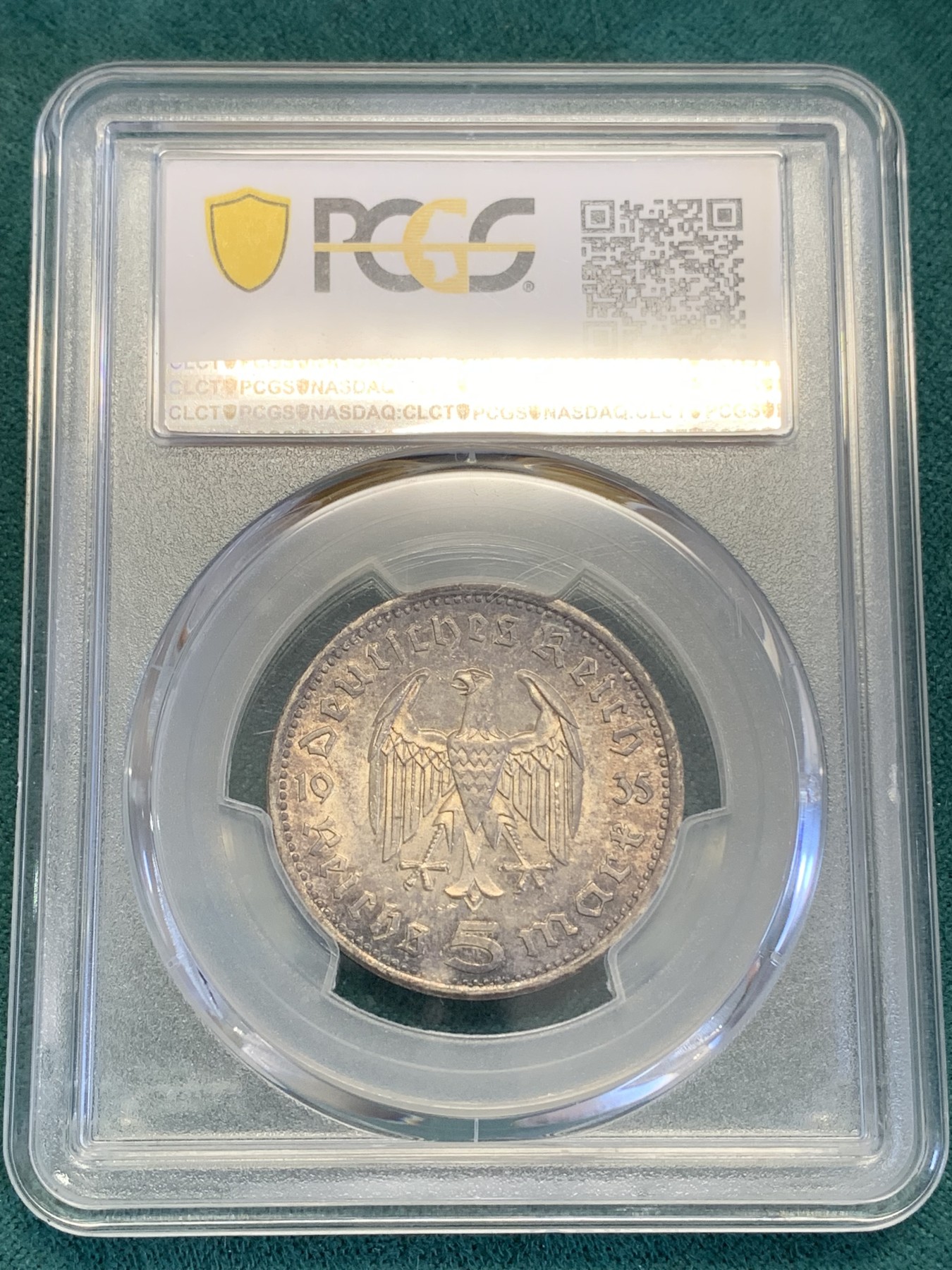 《竞宝斋》第193场-周日，周一 2场 (全场包邮) PCGS-MS63 德国1935年 兴登堡5马克 银币 黑色五彩包浆