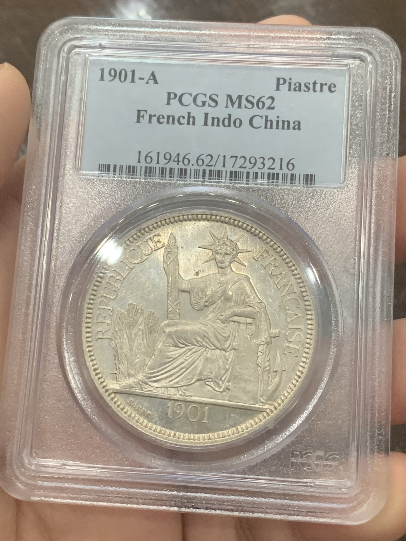 《竞宝斋》第193场-周日，周一 2场 (全场包邮) PCGS MS62 法属印支 1901年坐洋 银币（早期老盒）鼻尖清晰 感觉可以加分 状态难得