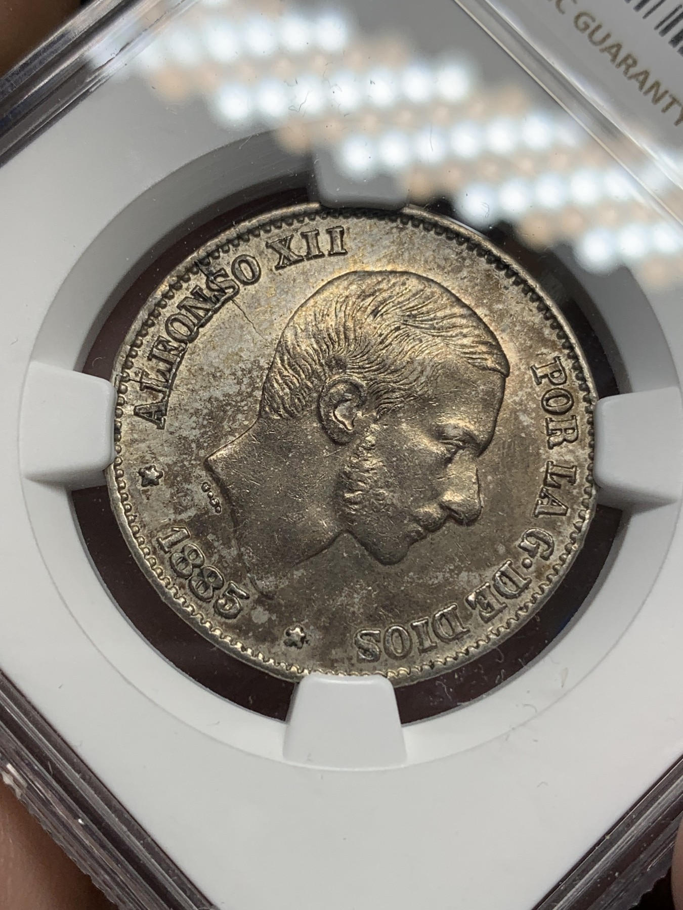《竞宝斋》第193场-周日，周一 2场 (全场包邮) NGC-AU58 西属菲律宾 1885年 50分 银币 MS状态，低评