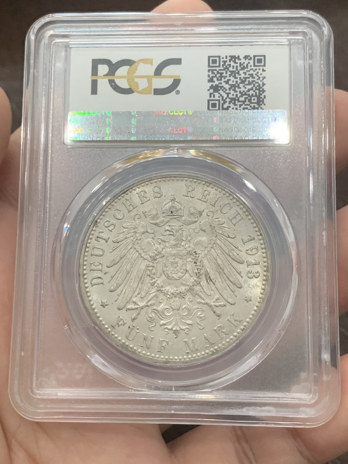 《竞宝斋》第193场-周日，周一 2场 (全场包邮) PCGS-MS63 德国 1913-J 汉堡自由市双狮 5马克 紫金彩包浆 车轮光 状态非常棒