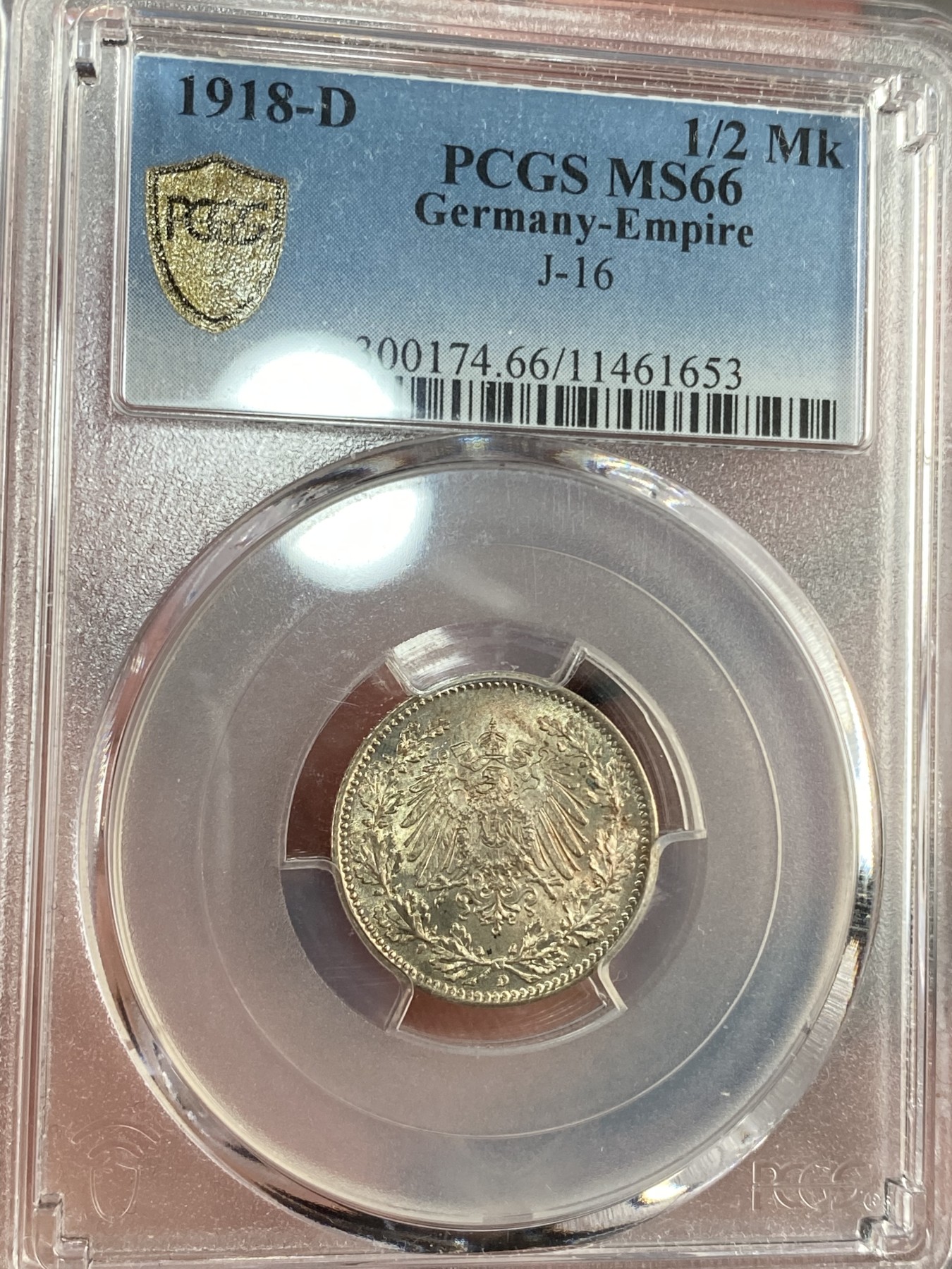 万国钱币拍卖第015期（奢华币章第二季） PCGS MS66 1918年德国第二帝国末年普鲁士鹰1/2马克 完美细节 顶级品相 原光带包浆