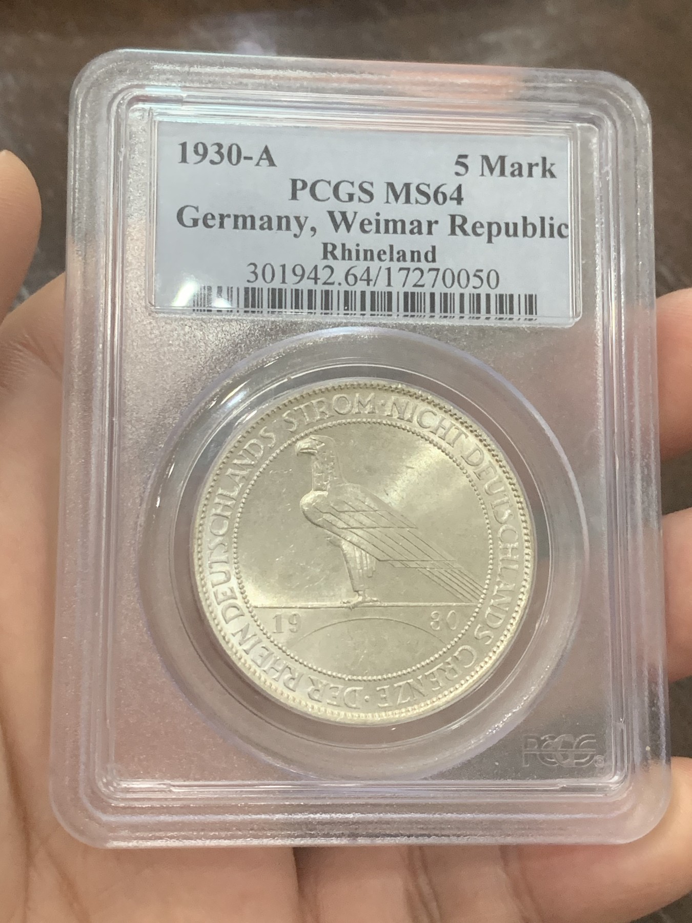 《竞宝斋》第193场-周日，周一 2场 (全场包邮) PCGS MS64 德国魏玛 1930年 鹰桥 解放莱茵5马克纪念银币 底板丝滑 币面清爽