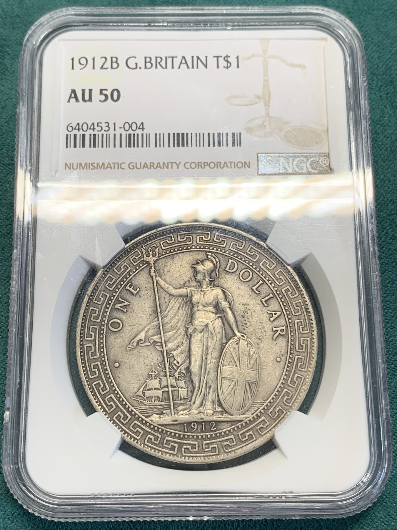 《竞宝斋》第193场-周日，周一 2场 (全场包邮) NGC-AU50 英国 1912B 站洋大银币  原味包浆 不多的年份