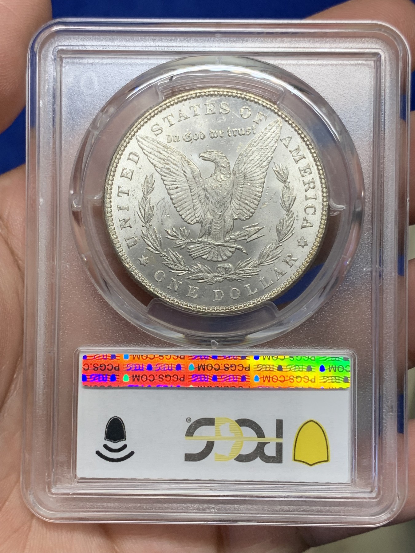 《竞宝斋》第193场-周日，周一 2场 (全场包邮) PCGS-MS63 美国 1885年 1美元 摩根银币 正面五彩包浆 很漂亮