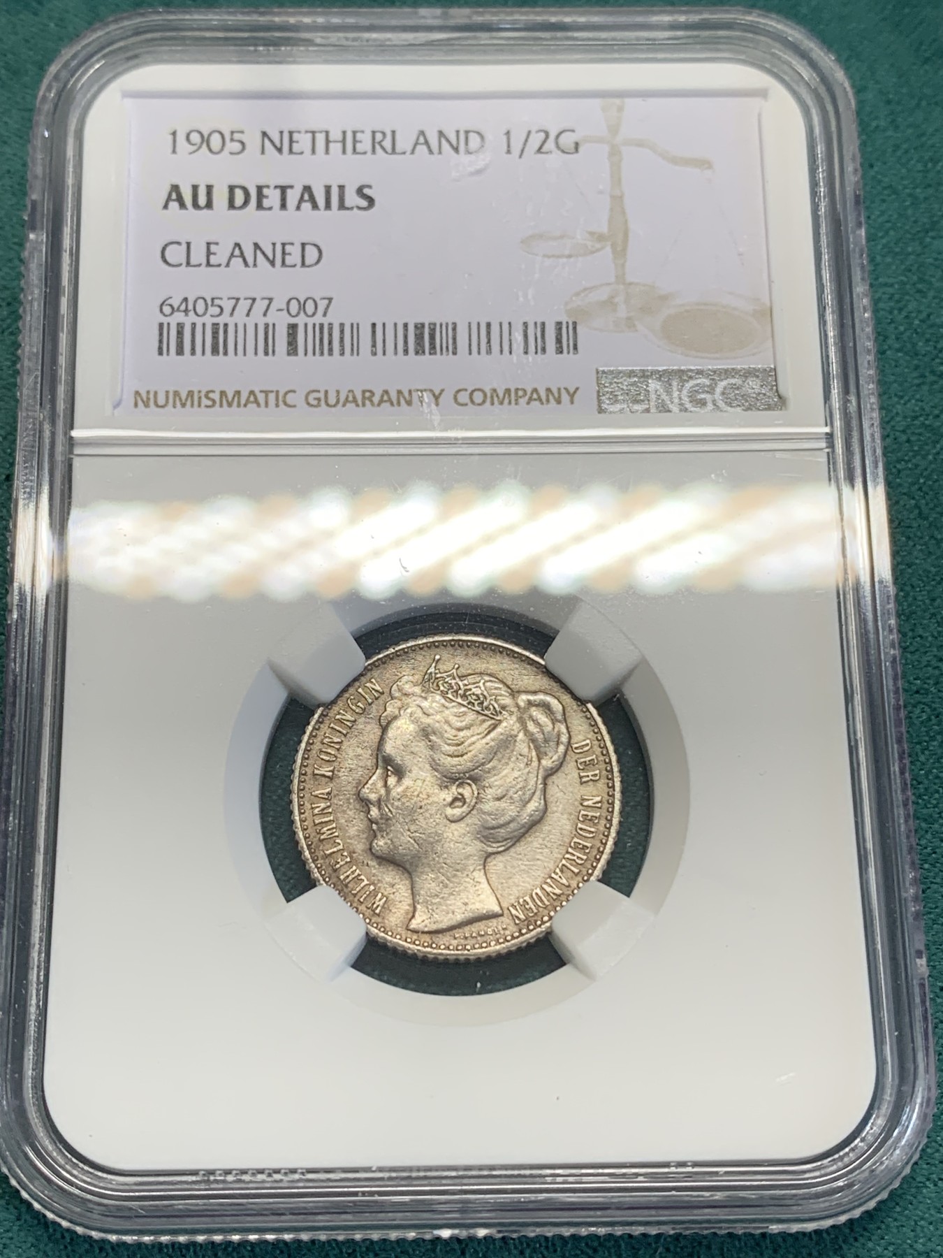 《竞宝斋》第193场-周日，周一 2场 (全场包邮) NGC-AUD 荷兰 1905年 威廉明娜萝莉头1/2G 银币 盘发头少见