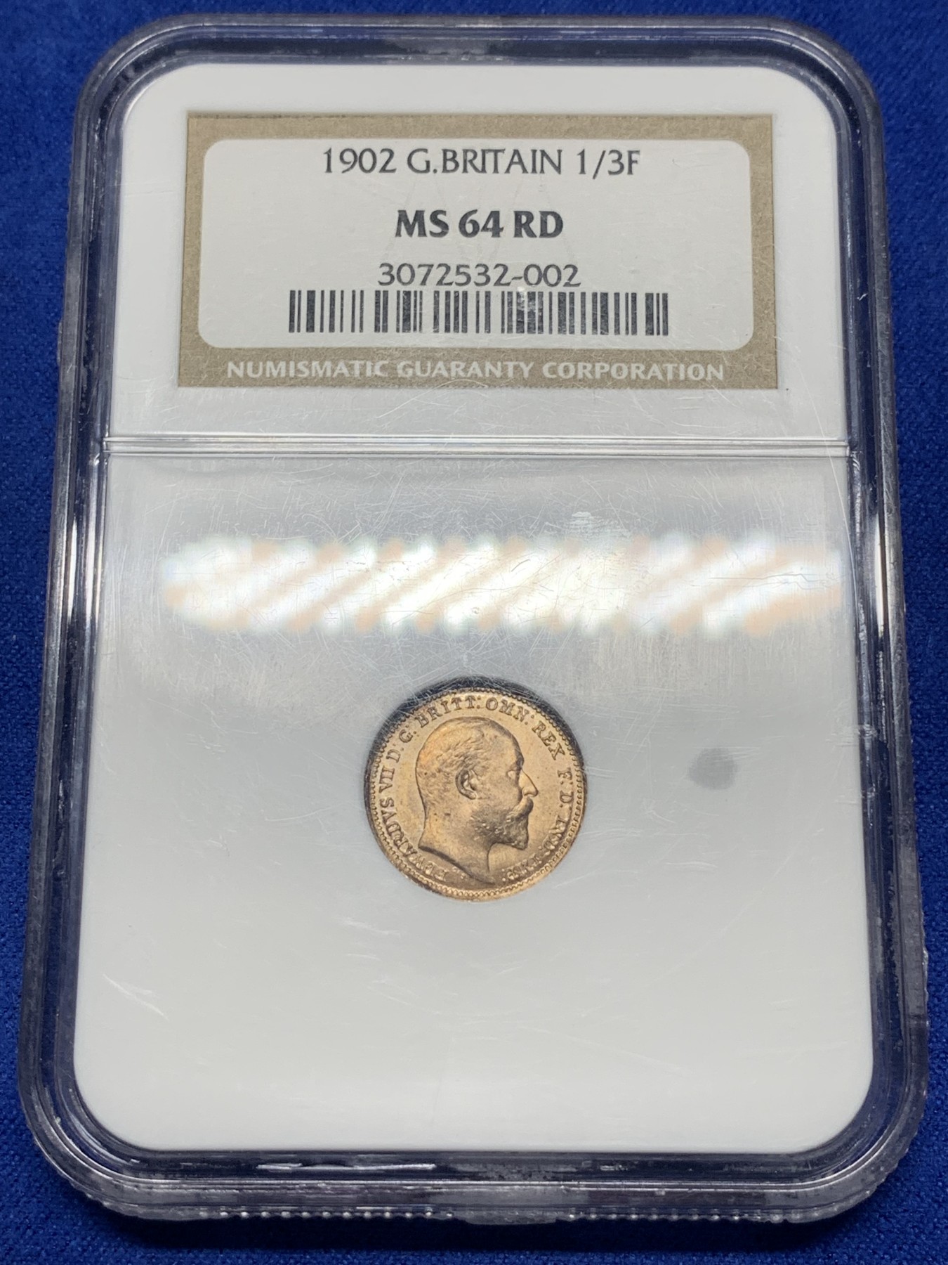 《竞宝斋》第193场-周日，周一 2场 (全场包邮) NGC MS64RD 英国 1902年 爱德华七世 1/3法新铜币稀少小额辅币