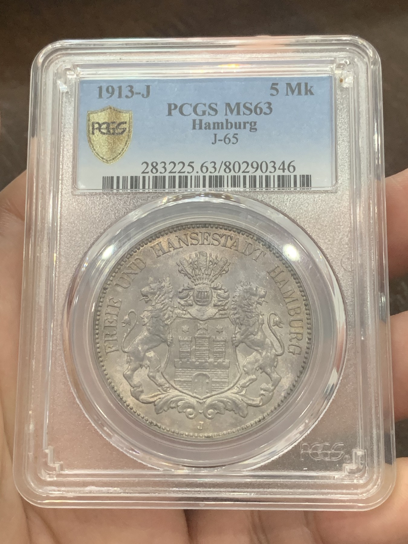 《竞宝斋》第193场-周日，周一 2场 (全场包邮) PCGS-MS63 德国 1913-J 汉堡自由市双狮 5马克 紫金彩包浆 车轮光 状态非常棒