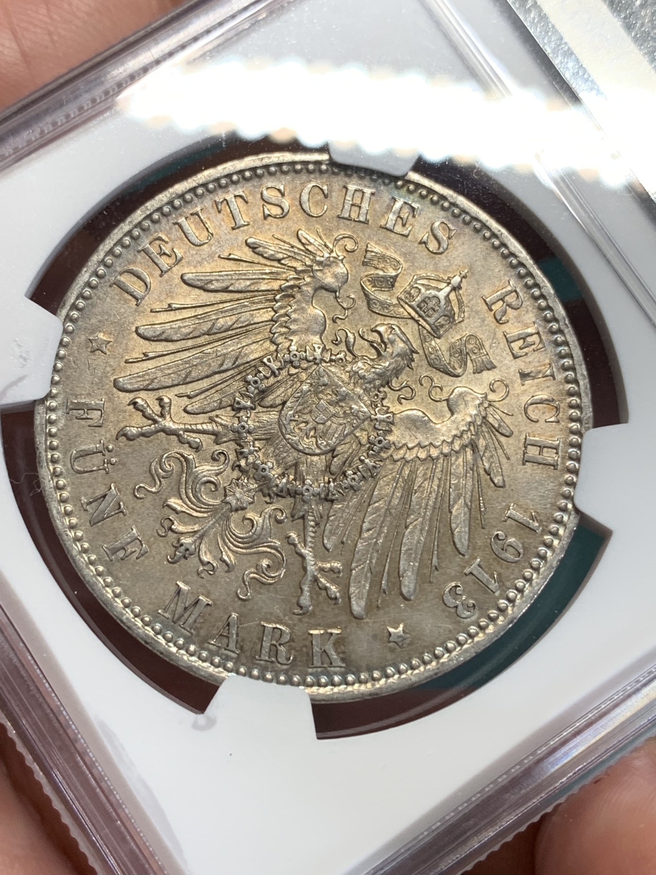 《竞宝斋》第193场-周日，周一 2场 (全场包邮) NGC-MS62 德国 1913-D 巴伐利亚奥托一世 5马克 极品五彩包浆 非常养眼的一枚