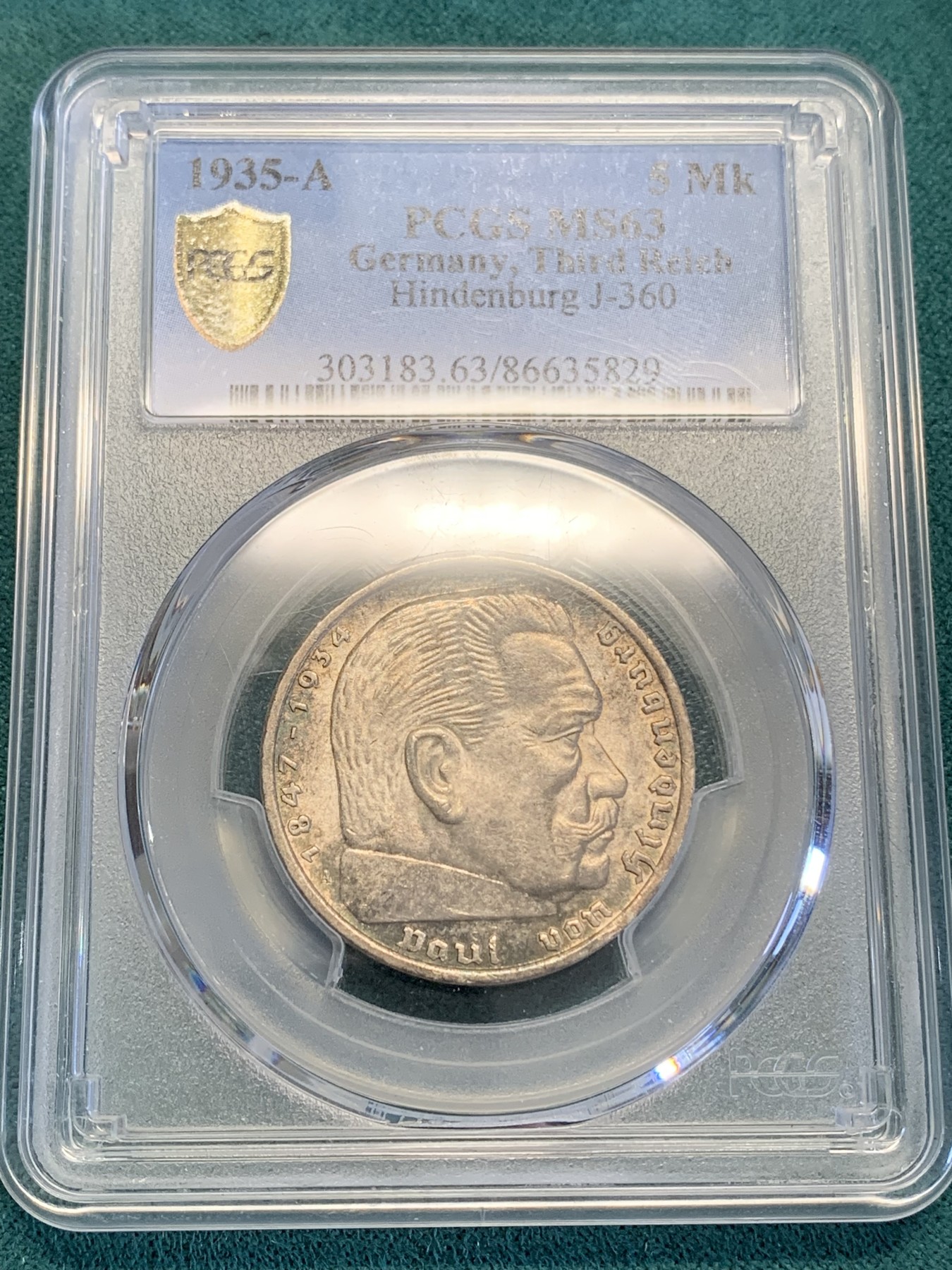《竞宝斋》第193场-周日，周一 2场 (全场包邮) PCGS-MS63 德国1935年 兴登堡5马克 银币 黑色五彩包浆