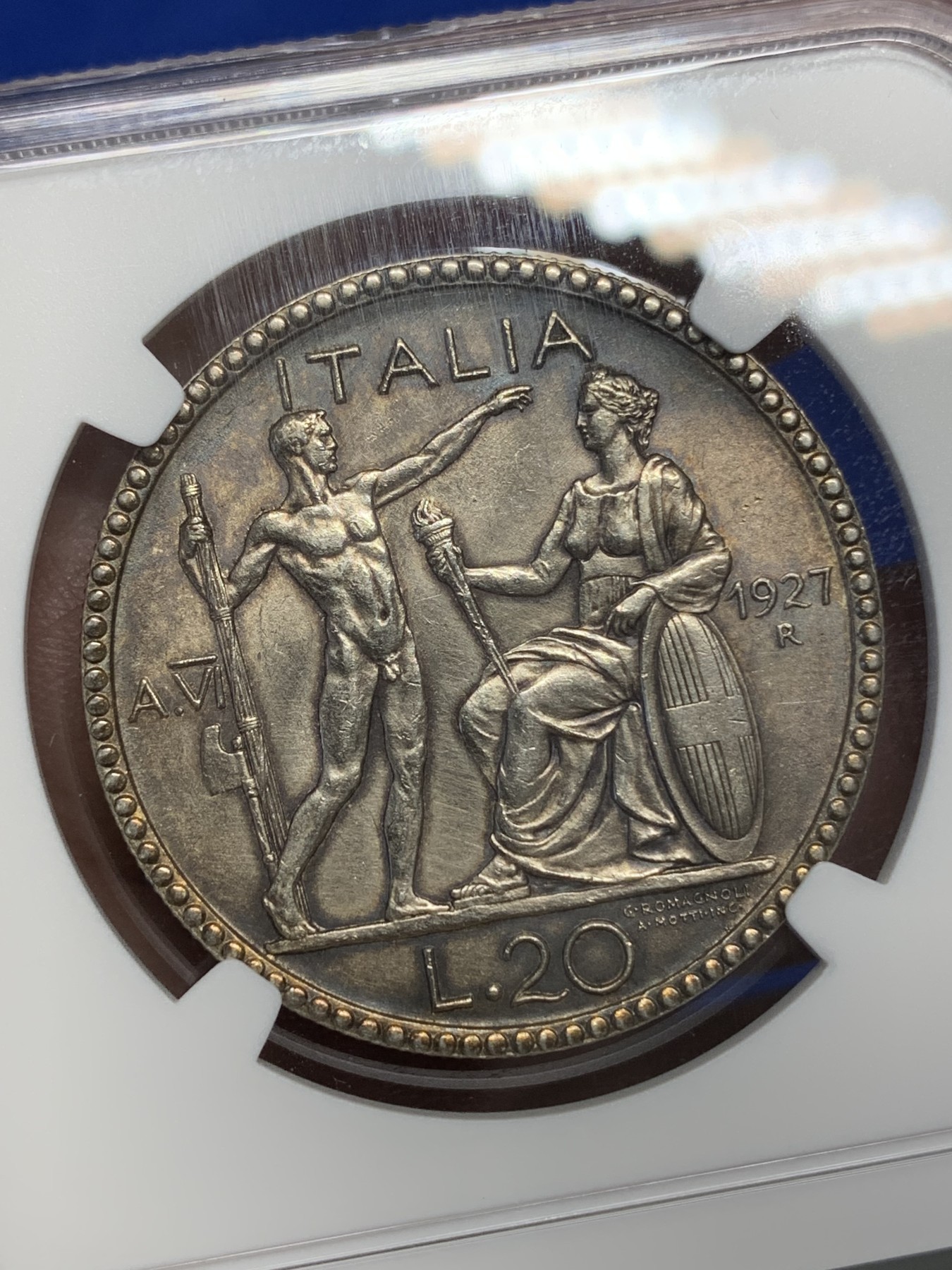 《竞宝斋》第193场-周日，周一 2场 (全场包邮) NGC-UNCD意大利1927年裸男20里拉银币 UNC原光好状态