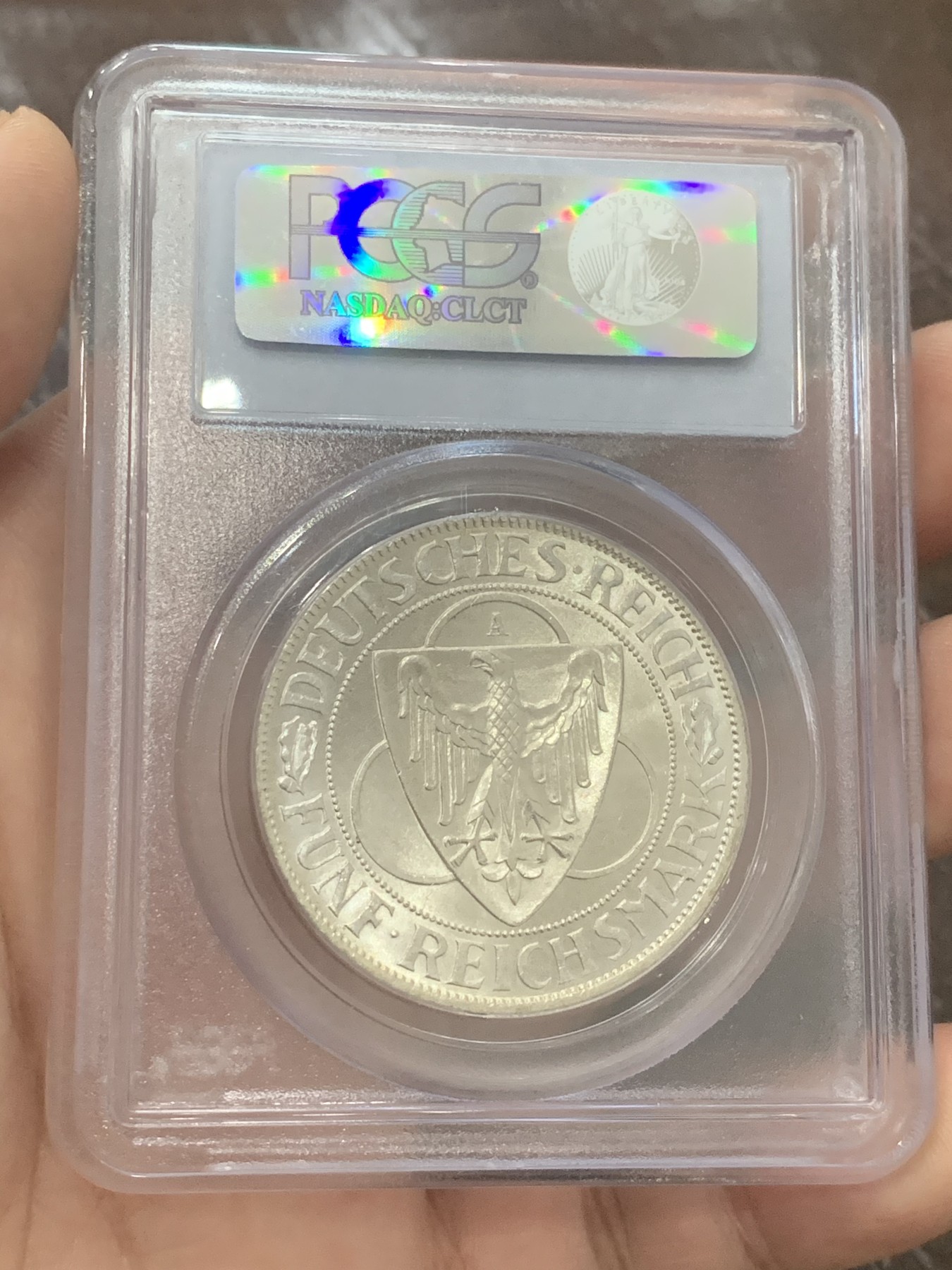 《竞宝斋》第193场-周日，周一 2场 (全场包邮) PCGS MS64 德国魏玛 1930年 鹰桥 解放莱茵5马克纪念银币 底板丝滑 币面清爽