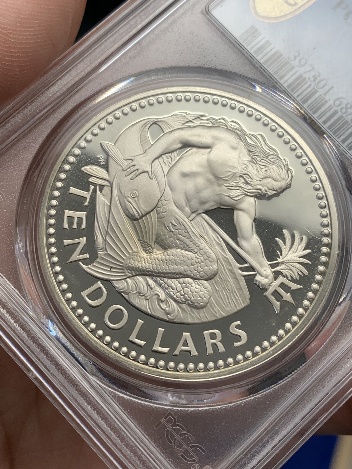《竞宝斋》第193场-周日，周一 2场 (全场包邮) PCGS PR68DCAM 巴巴多斯 1974 海神 10元 大银币