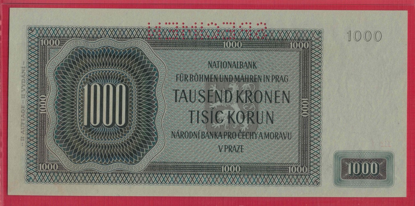 波西米亚(波希米亚)摩拉维亚1000克朗 1942年 样钞 样票 票样 无47 欧洲 实物图 UNC