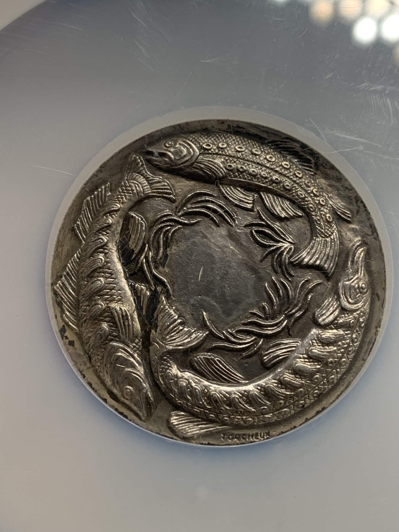 《竞宝斋》第193场-周日，周一 2场 (全场包邮) NGC-MS61 法国 1983年 渔业俱乐部 50MM大银章 很漂亮的大盒大银章