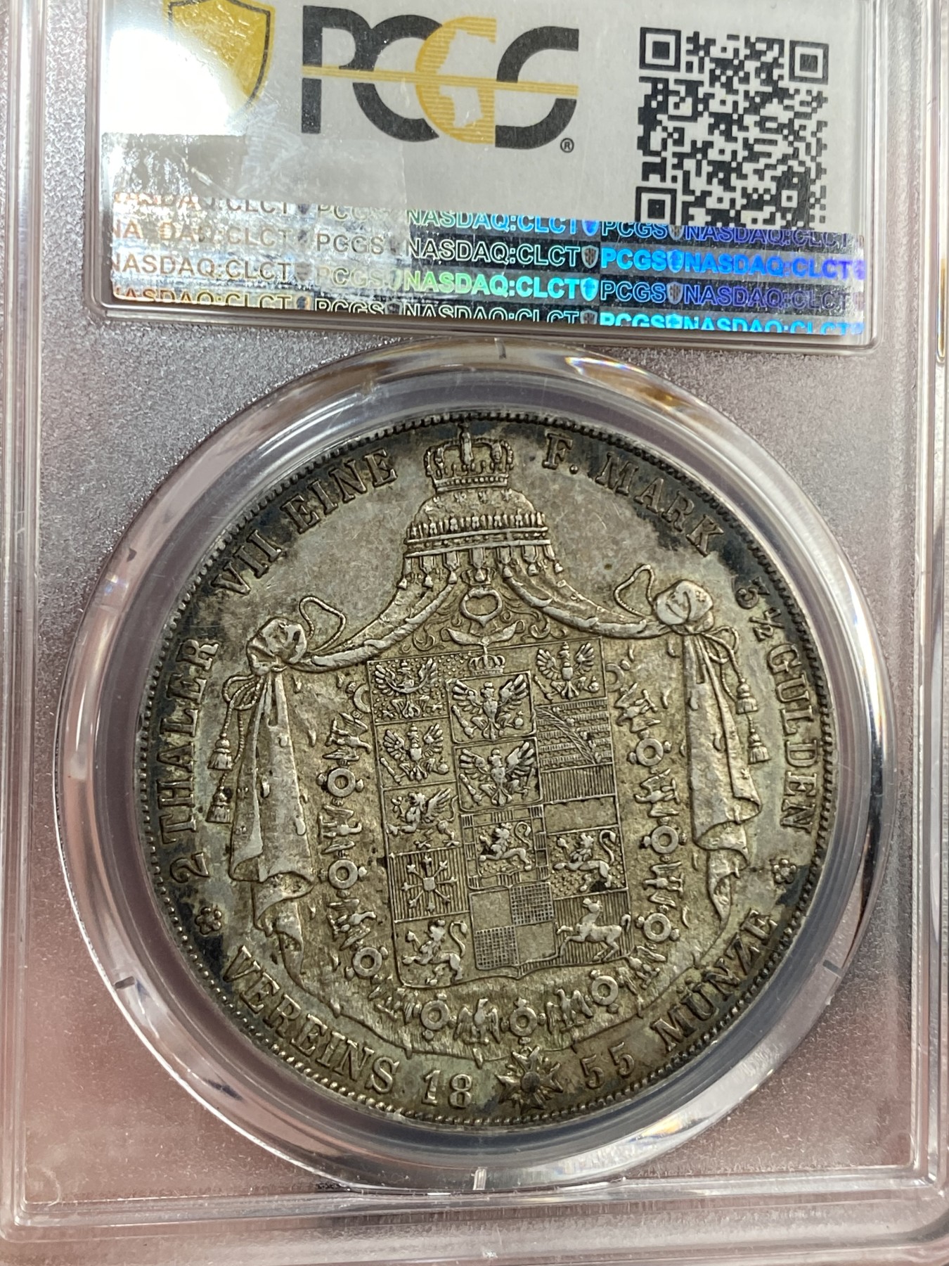 万国钱币拍卖第015期（奢华币章第二季） PCGS AU55 1855年德国普鲁士威廉四世纹章流通2泰勒 著名的洋葱头 原味的状态非常难得