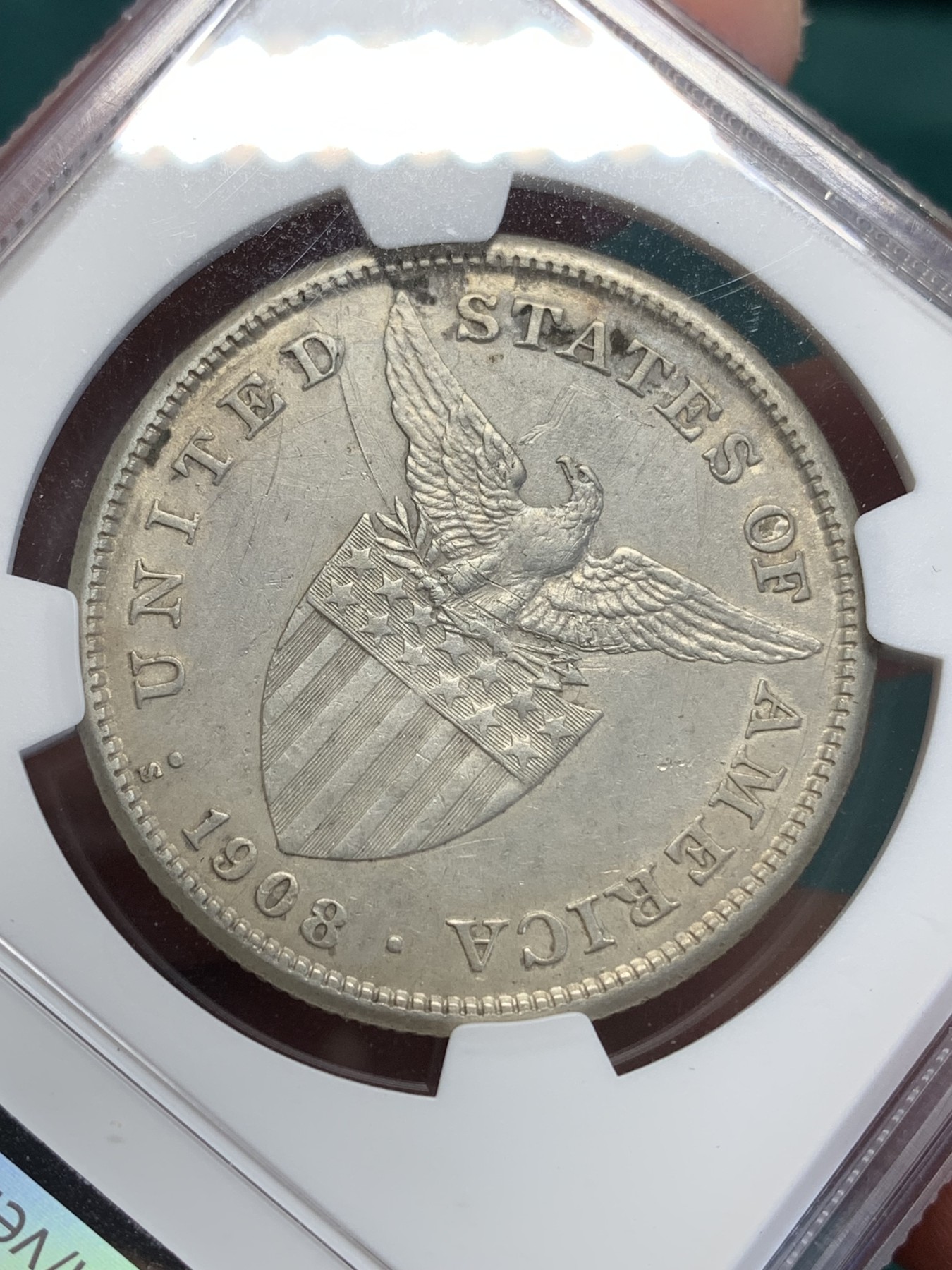 《竞宝斋》第193场-周日，周一 2场 (全场包邮) NGC-XFD 美属菲律宾 1908年 1比索 打铁银币 品种也不多见了