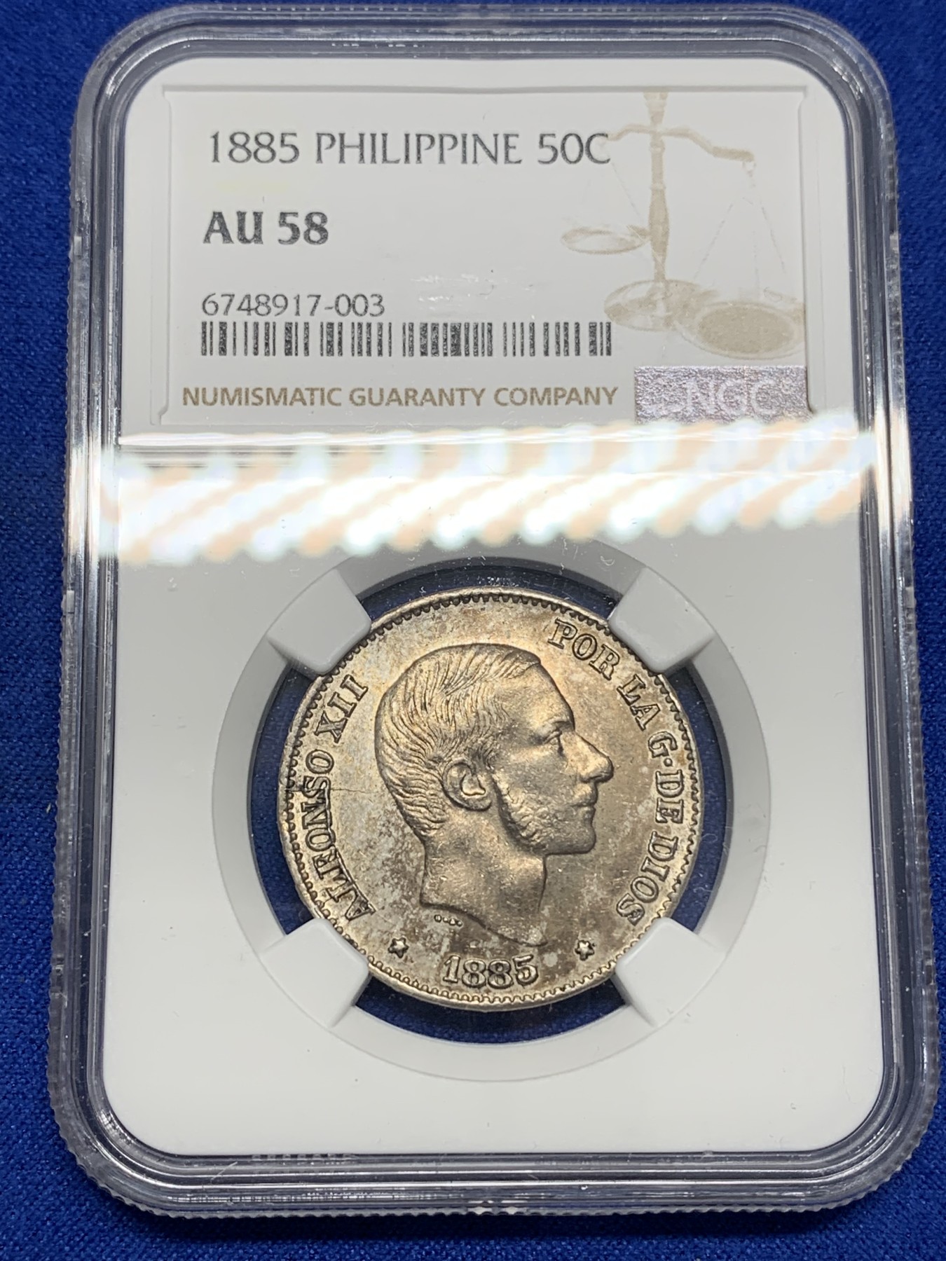 《竞宝斋》第193场-周日，周一 2场 (全场包邮) NGC-AU58 西属菲律宾 1885年 50分 银币 MS状态，低评