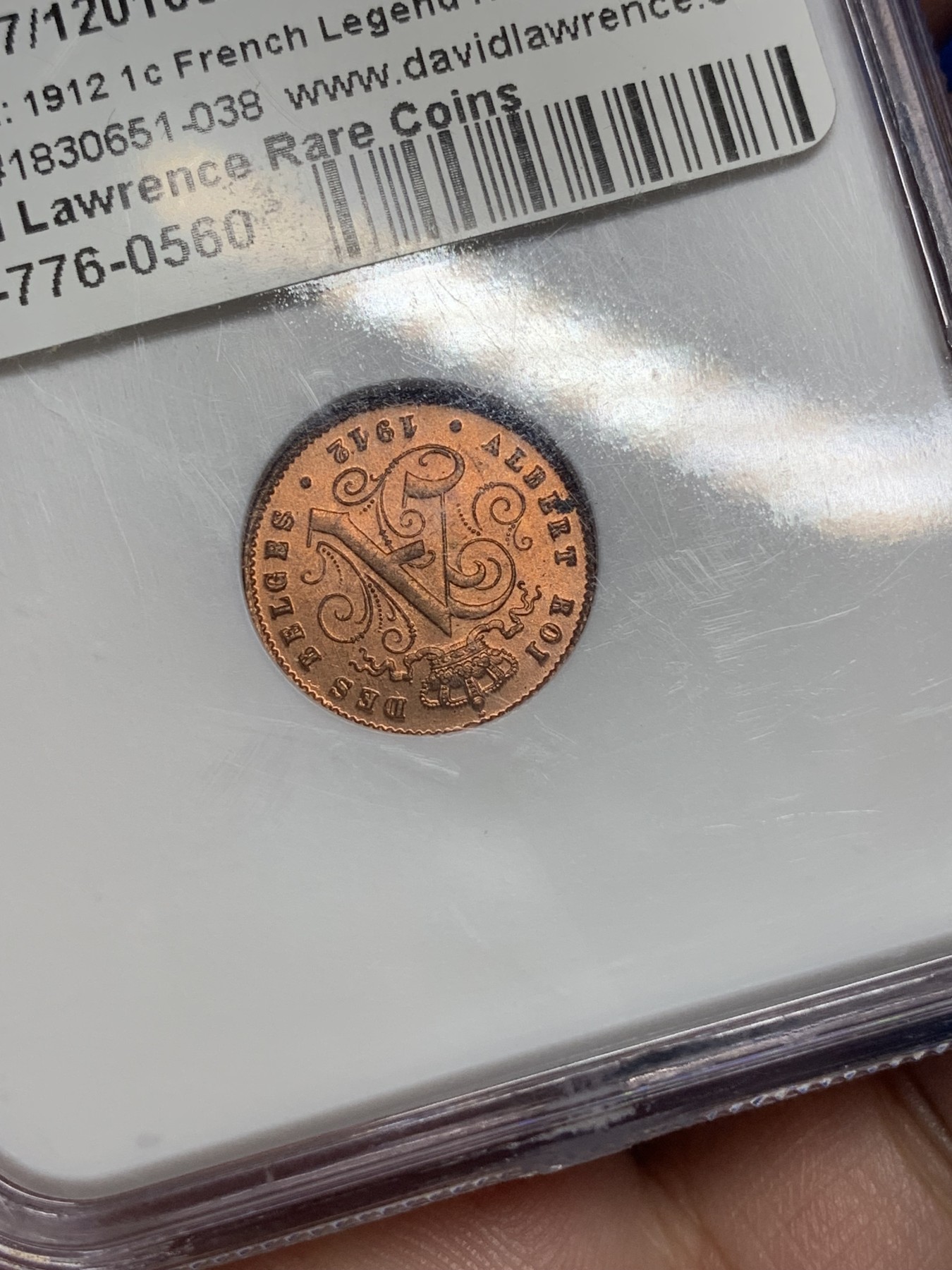 《竞宝斋》第193场-周日，周一 2场 (全场包邮) NGC MS65RD 比利时1912年 1分铜币 经典狮子 满铜光 欧洲精致小铜币