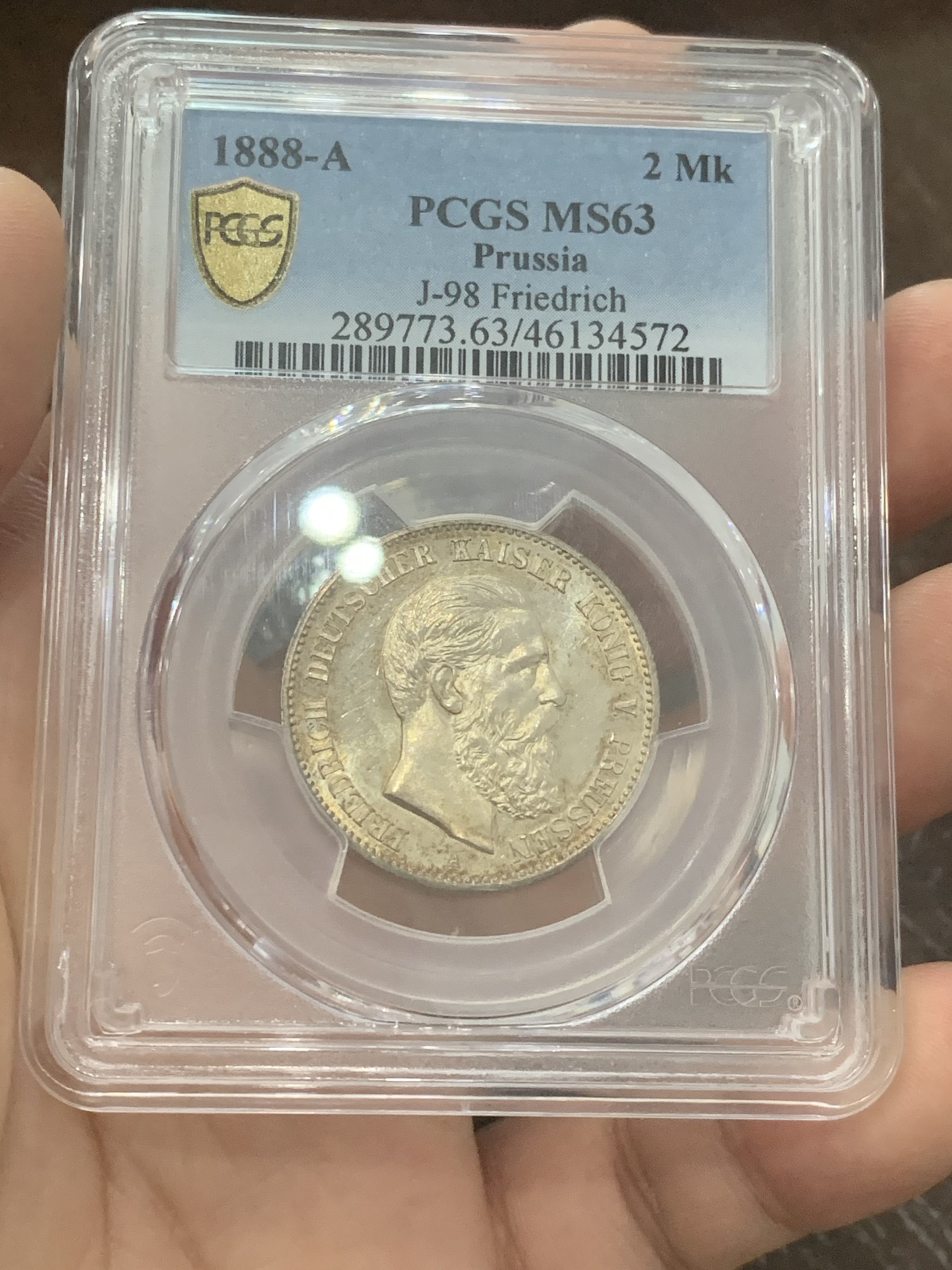 《竞宝斋》第193场-周日，周一 2场 (全场包邮) PCGS-MS63 德国普鲁士 1888年弗德里希2马克 银币