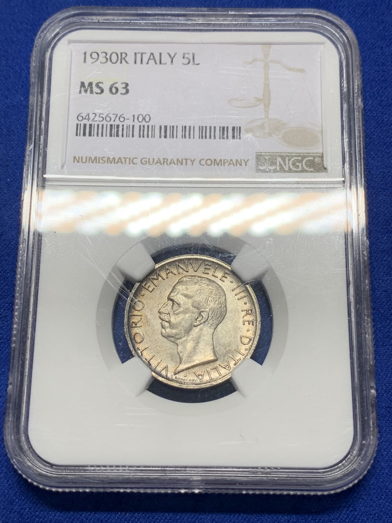 《竞宝斋》第193场-周日，周一 2场 (全场包邮) NGC-MS63 意大利 1930年5里拉银币 束棒无磨损 非常好