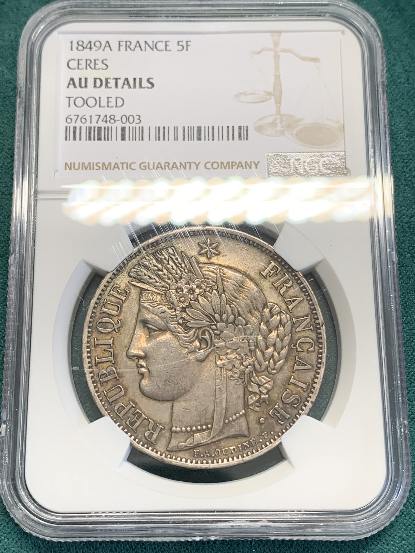 《竞宝斋》第193场-周日，周一 2场 (全场包邮) NGC AUD 法国1849年谷物女神5法郎大银币 细节见图