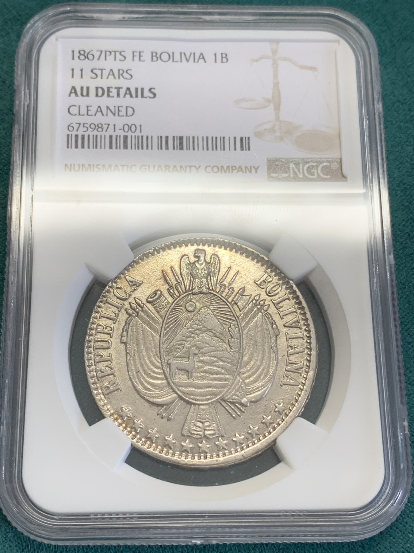 《竞宝斋》第193场-周日，周一 2场 (全场包邮) NGC-AUD 玻利维亚 1867年 1B 大银币 中南美洲潜力品种
