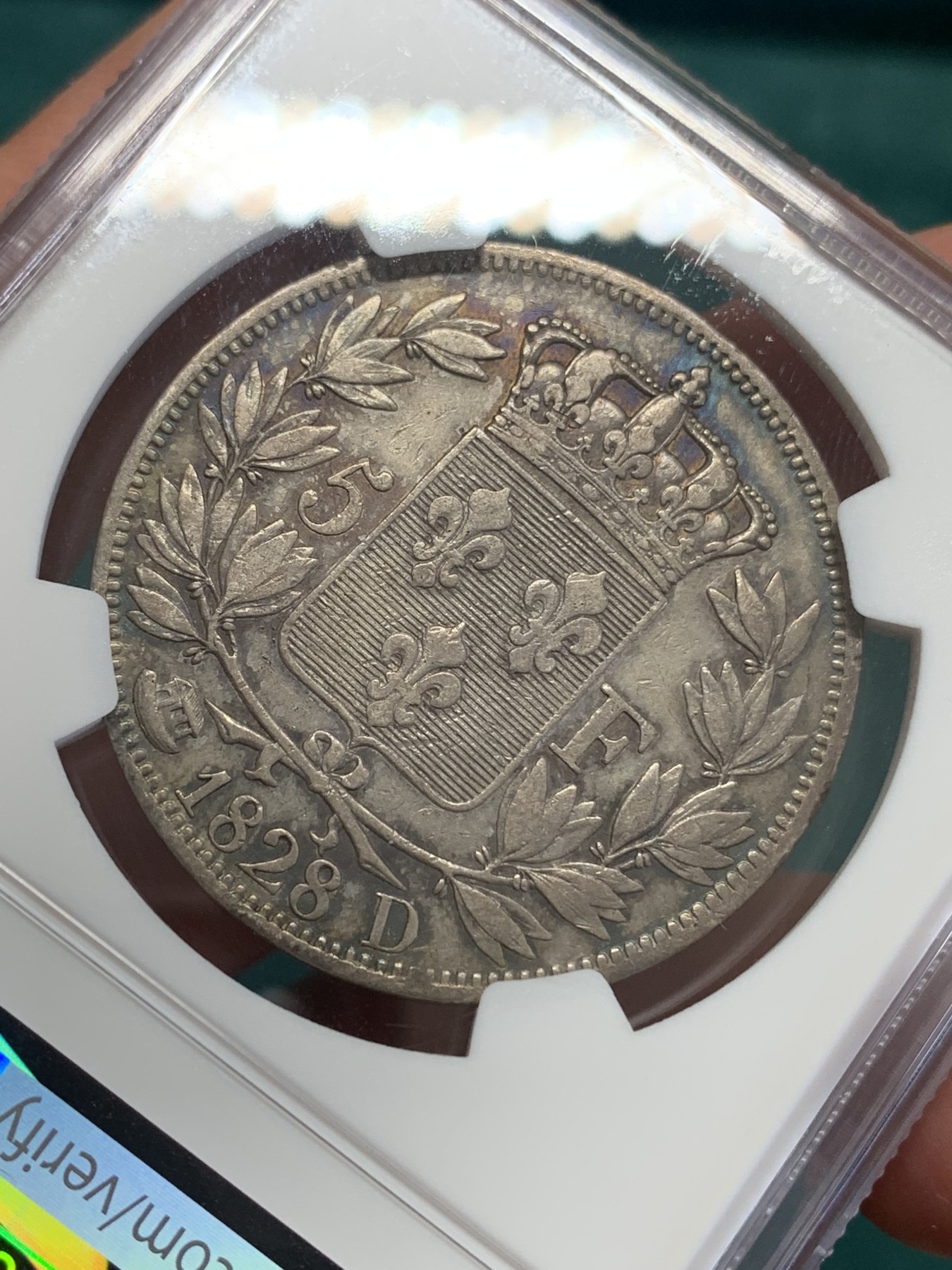 《竞宝斋》第193场-周日，周一 2场 (全场包邮) NGC XFD 法国1828D查理十世5法郎银币 原味状态 带彩光