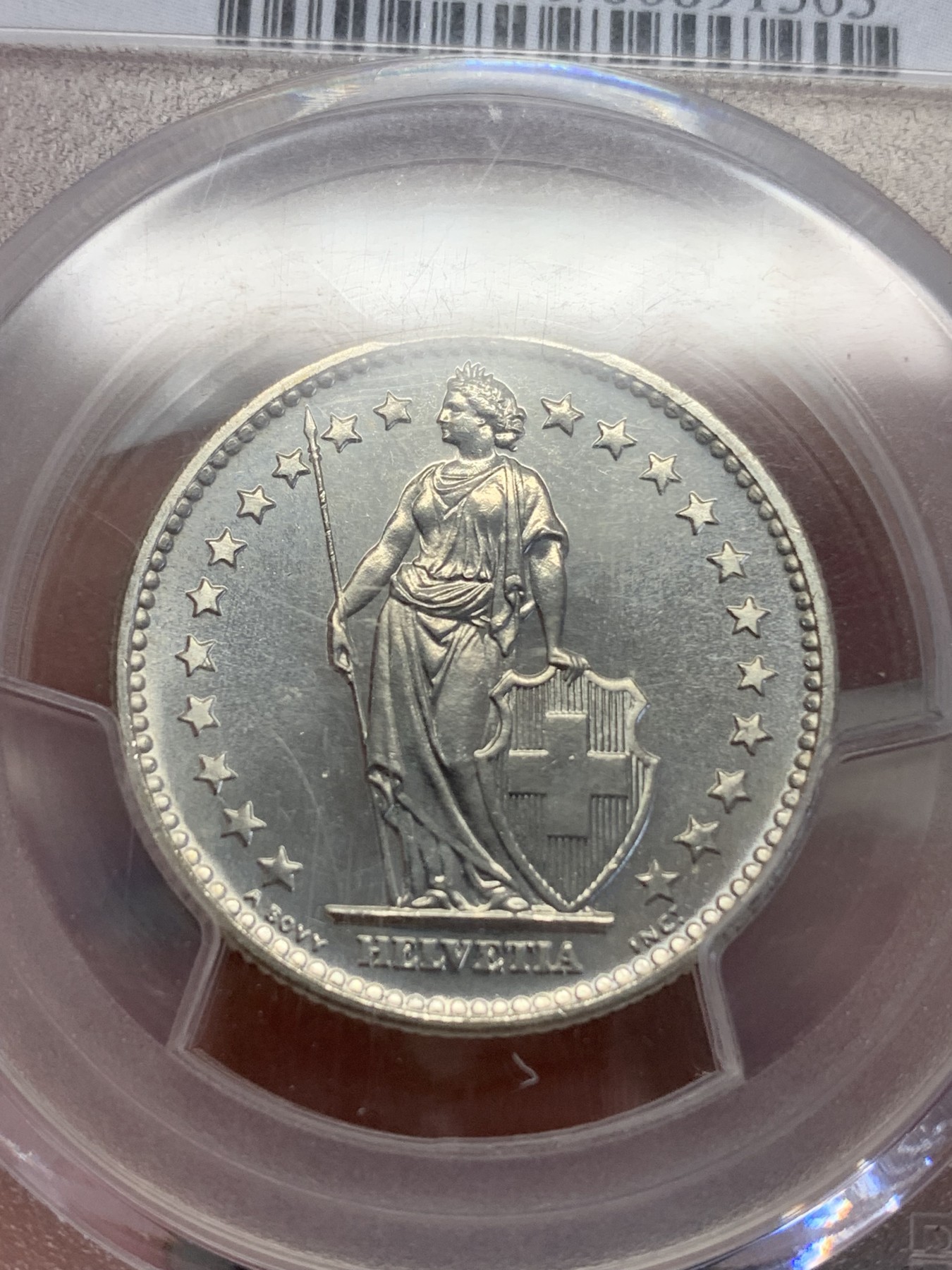 《竞宝斋》第193场-周日，周一 2场 (全场包邮) PCGS-MS65 瑞士 1965年 2法郎 银币 盒子边缘处有磕碰