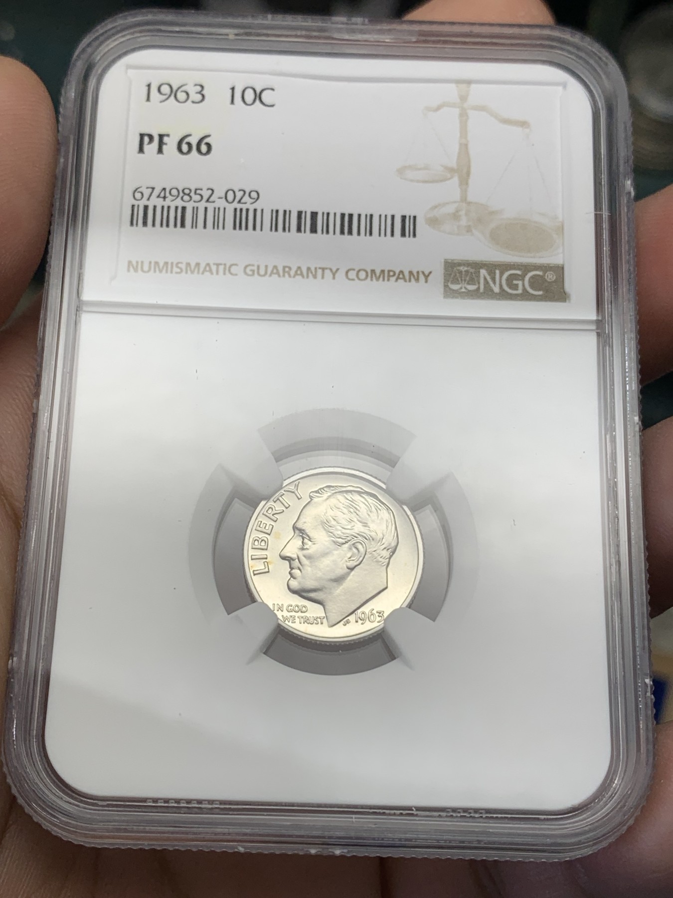 《竞宝斋》第193场-周日，周一 2场 (全场包邮) NGC-PF66 1963年美国罗斯福10分银币，少见早期精制版本,66分高分