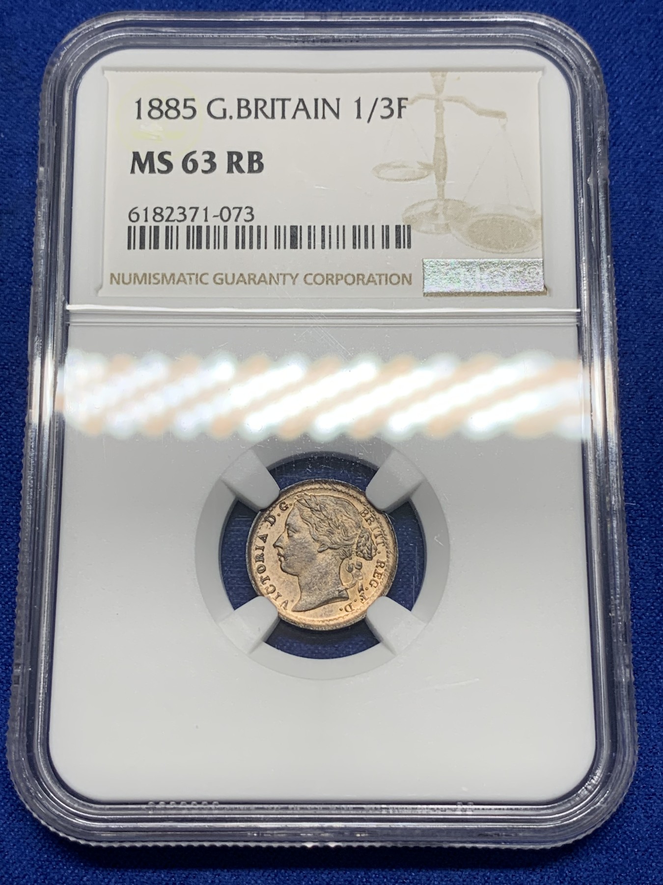 《竞宝斋》第193场-周日，周一 2场 (全场包邮) NGC MS63RB 英国 1885年 维多利亚 1/3法新铜币稀少小额辅币