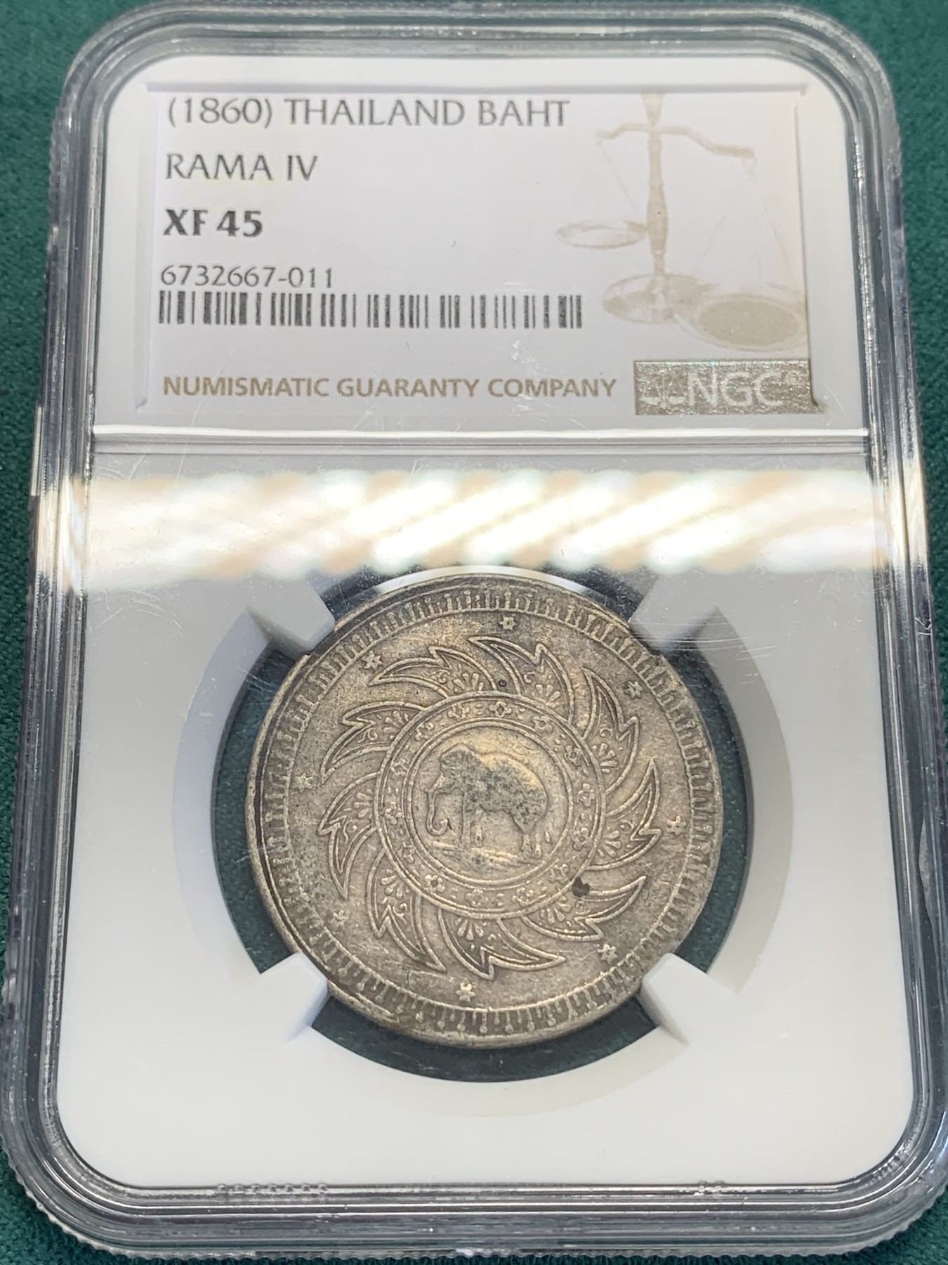 《竞宝斋》第193场-周日，周一 2场 (全场包邮) NGC XF45 泰国1860年1铢大象银币 带底光 细节好