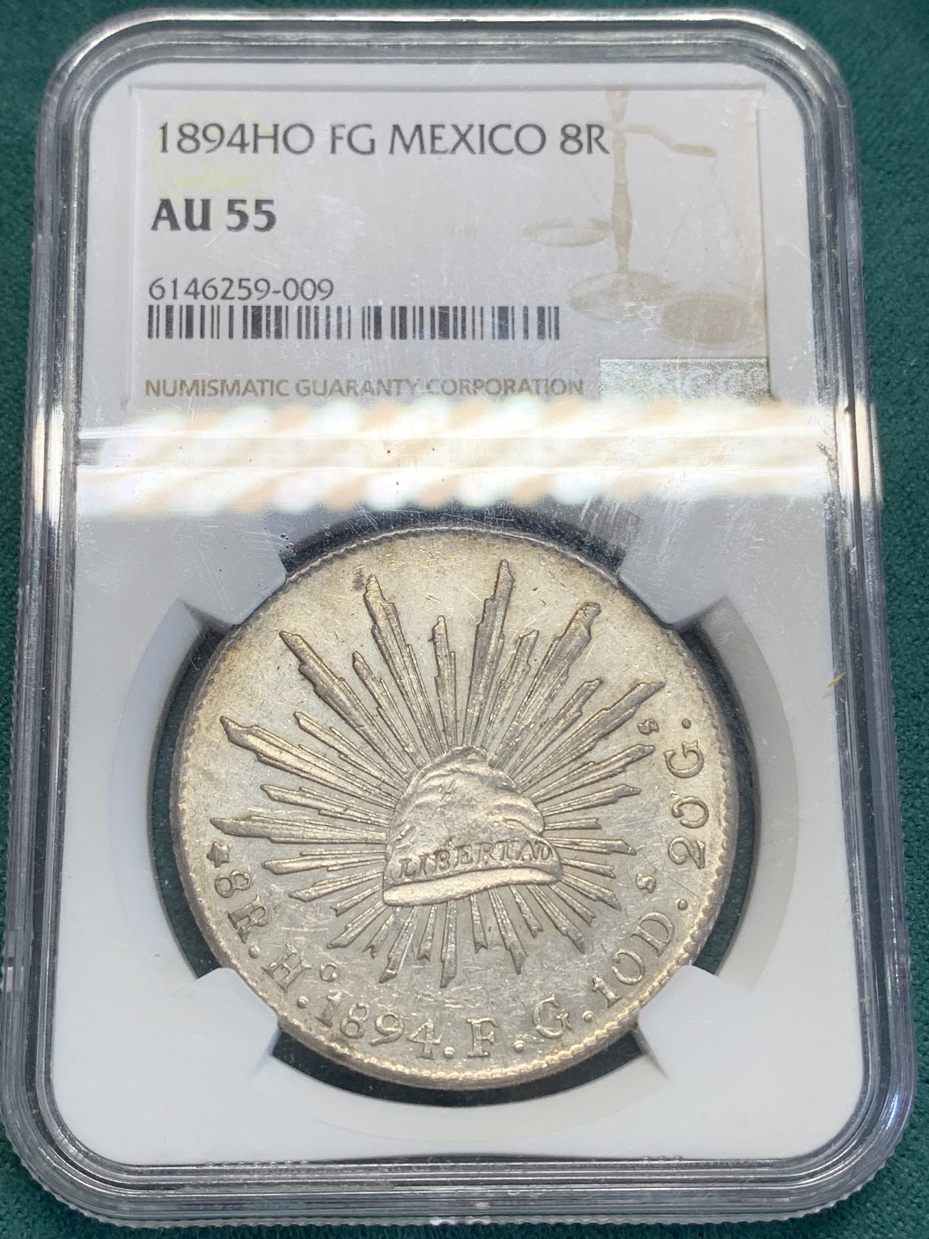 《竞宝斋》第193场-周日，周一 2场 (全场包邮) NGC-AU55 墨西哥 花边鹰洋 8瑞尔银币 1894 HO FG 稀少厂别 铸造量仅50万枚