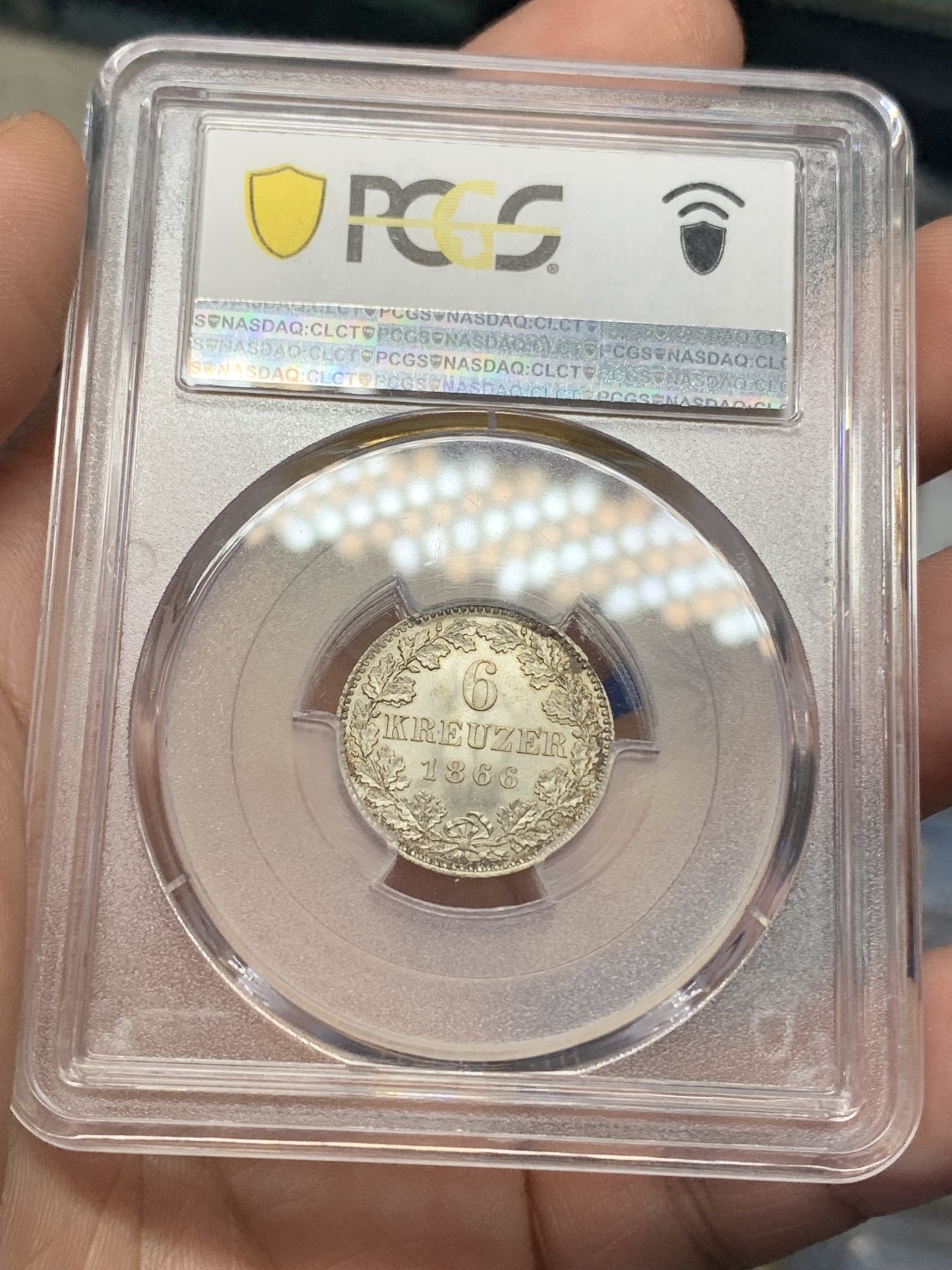 《竞宝斋》第193场-周日，周一 2场 (全场包邮) PCGS-MS66 德国法兰克福 1866年 6克鲁泽 银币