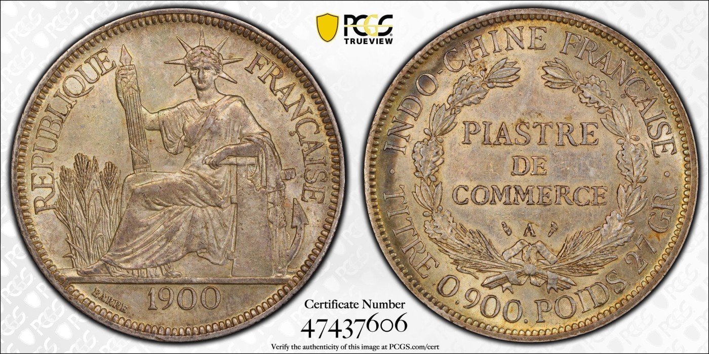 万国钱币拍卖第015期（奢华币章第二季） PCGS AU58 1900年法属印支坐洋 高点的细节与五色幻彩无不表明这是一枚值得收藏的藏品