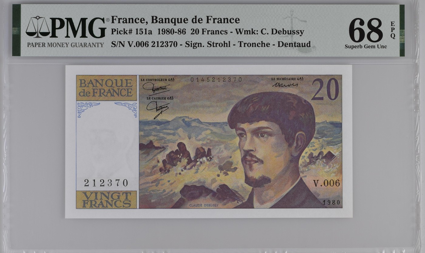 收藏联盟Quantum Auction 第285期拍卖  法国1980-86年20法郎 PMG68 首发年份 冠军分 号码无45 音乐家 彪德西