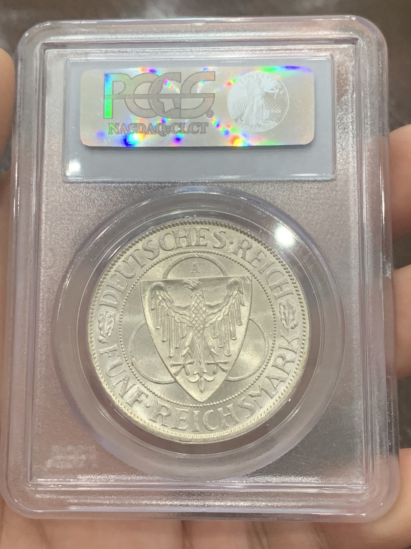《竞宝斋》第193场-周日，周一 2场 (全场包邮) PCGS MS64 德国魏玛 1930年 鹰桥 解放莱茵5马克纪念银币 底板丝滑 币面清爽