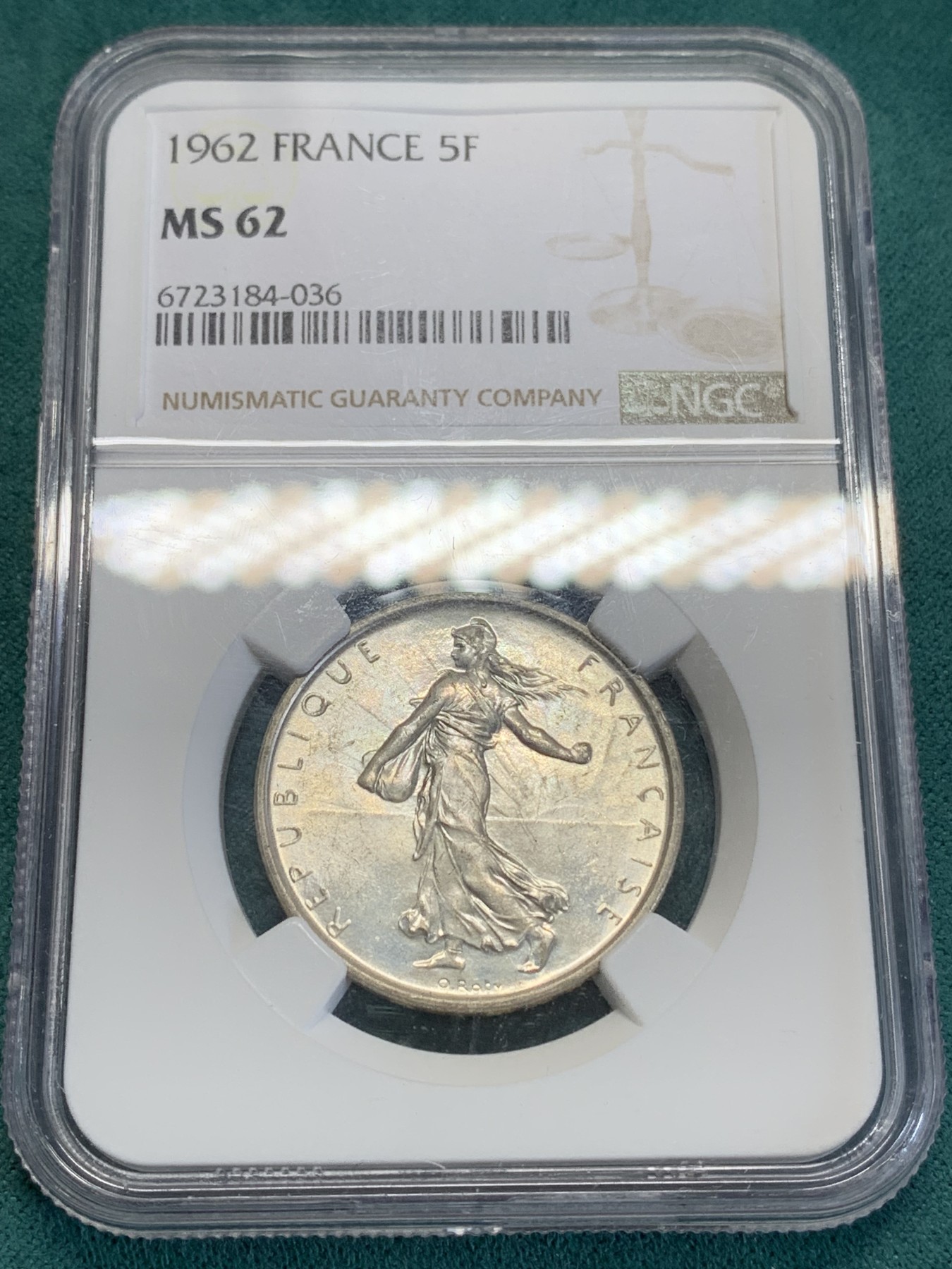 《竞宝斋》第193场-周日，周一 2场 (全场包邮) NGC-MS62法国1962年5法郎银币，转光
