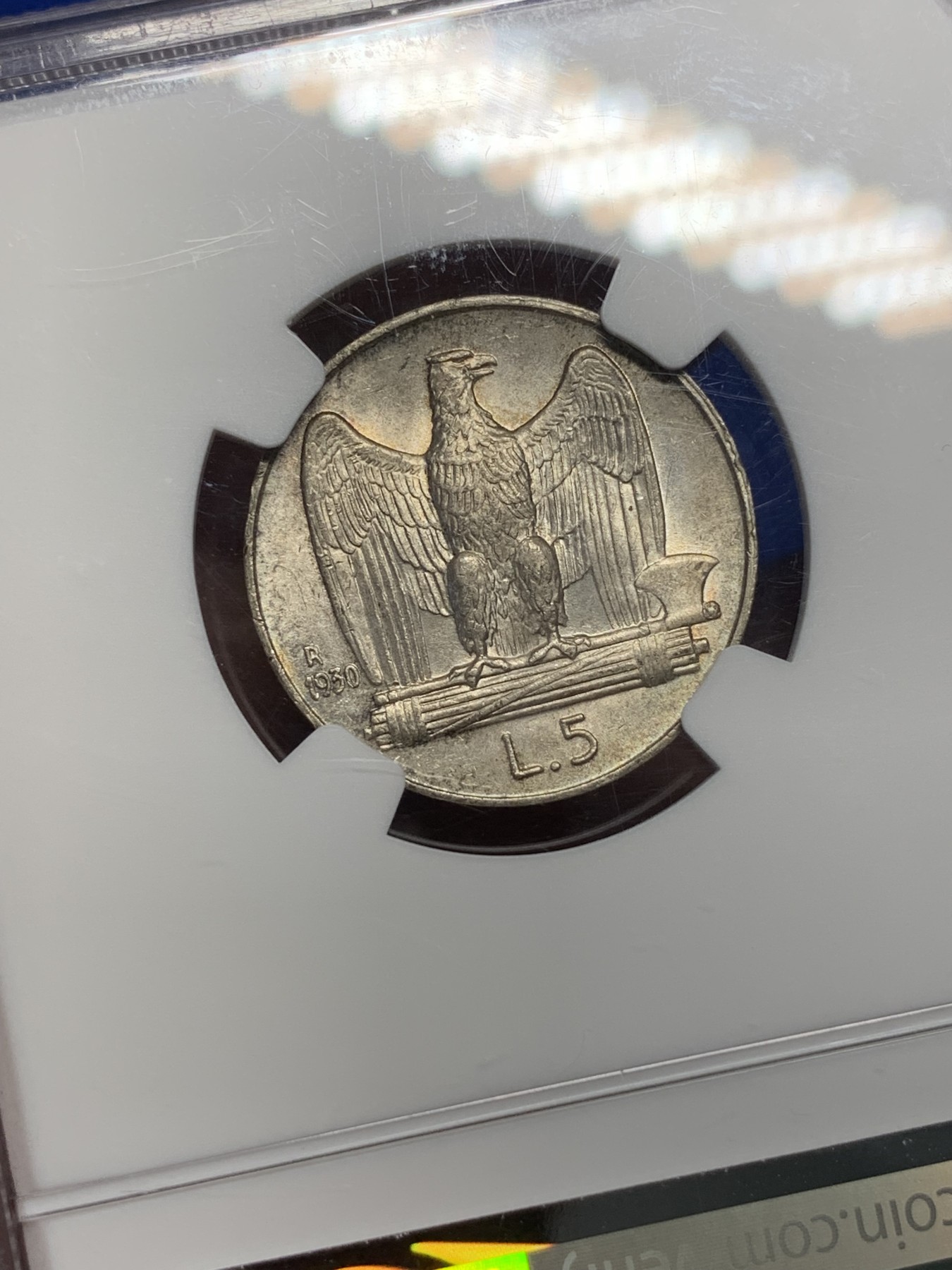 《竞宝斋》第193场-周日，周一 2场 (全场包邮) NGC-MS63 意大利 1930年5里拉银币 束棒无磨损 非常好