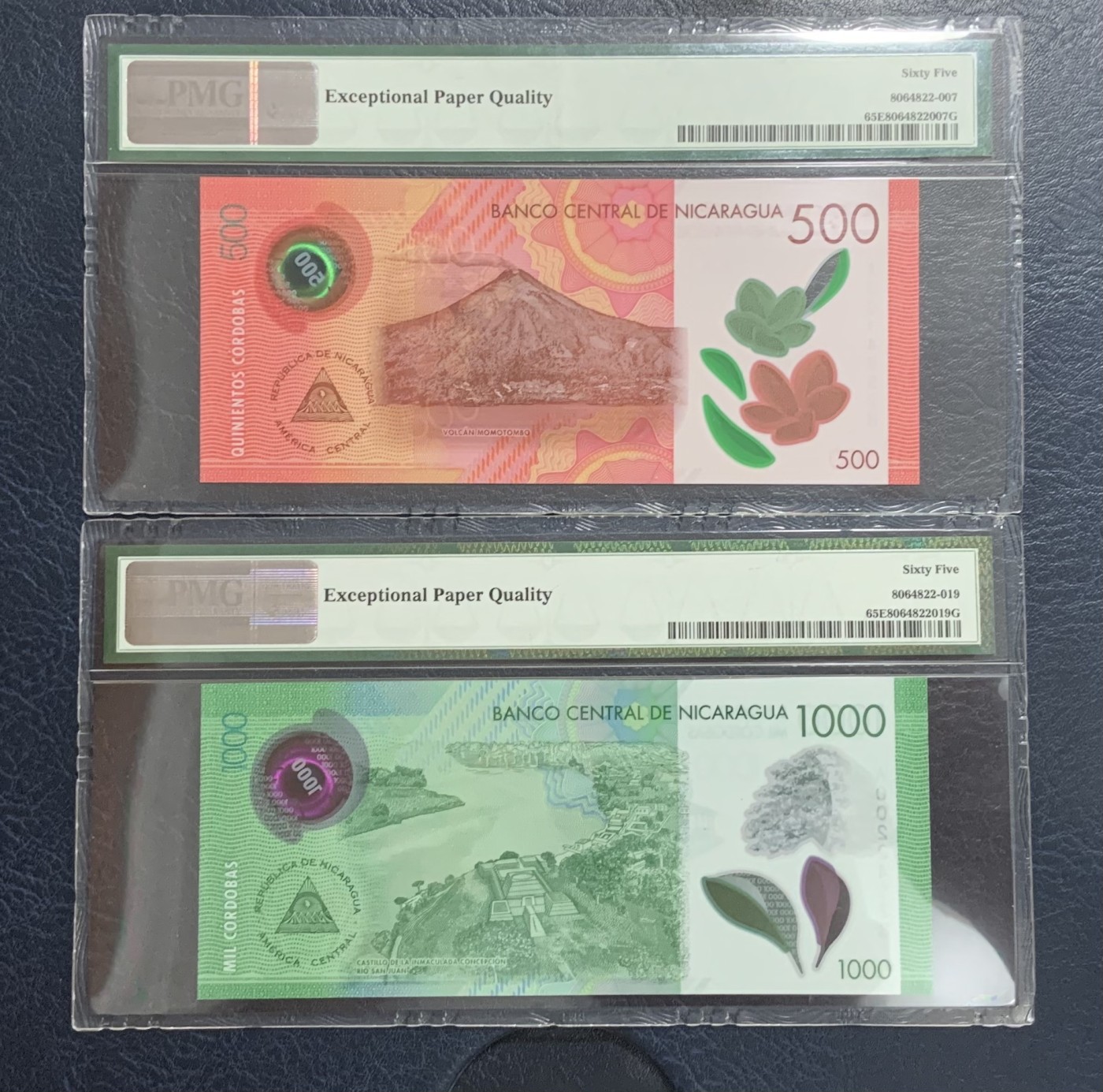收藏联盟Quantum Auction 第285期拍卖  尼加拉瓜2017年500和1000科多巴 PMG65 尾二同 A冠序列