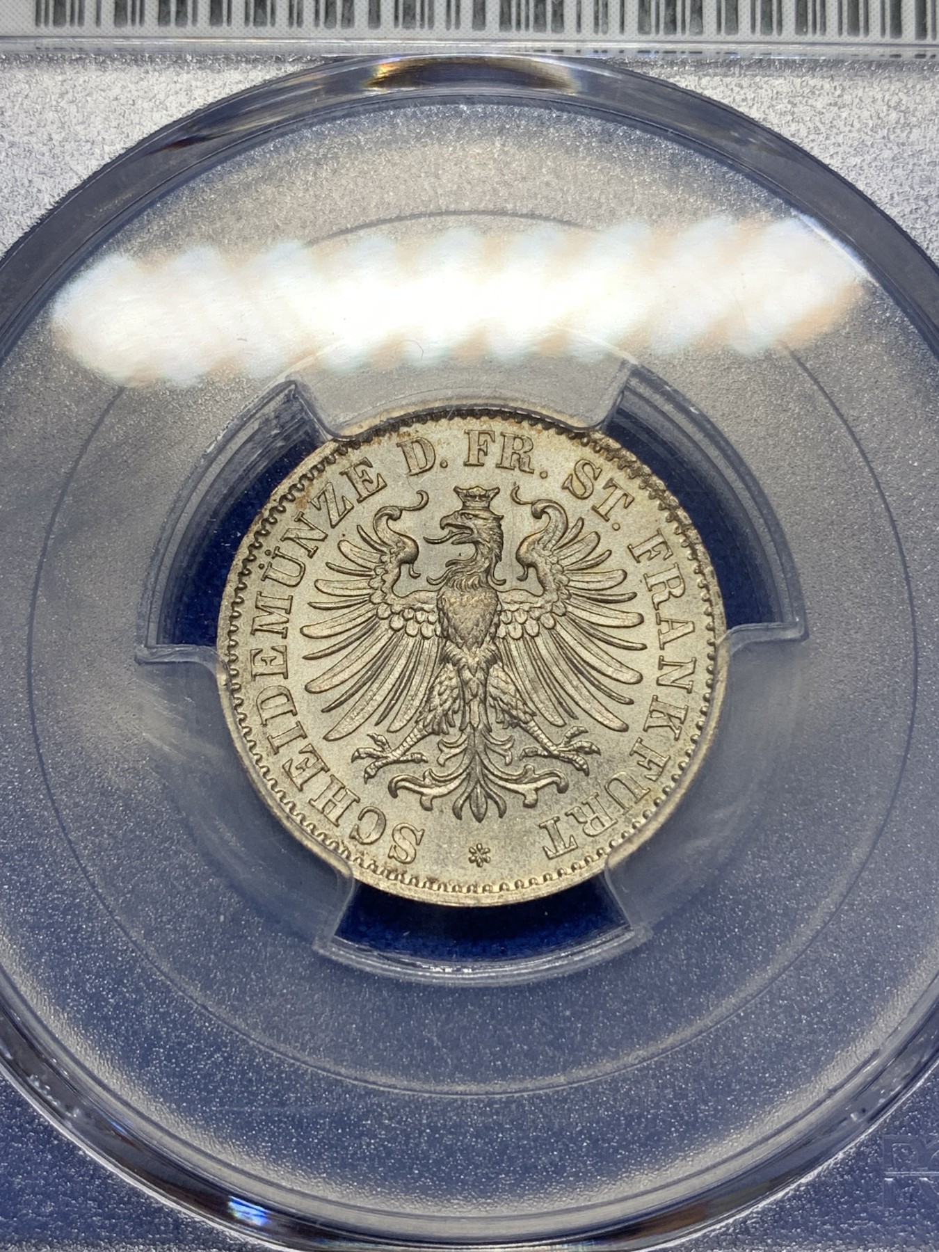 《竞宝斋》第193场-周日，周一 2场 (全场包邮) PCGS-MS66 德国法兰克福 1866年 6克鲁泽 银币