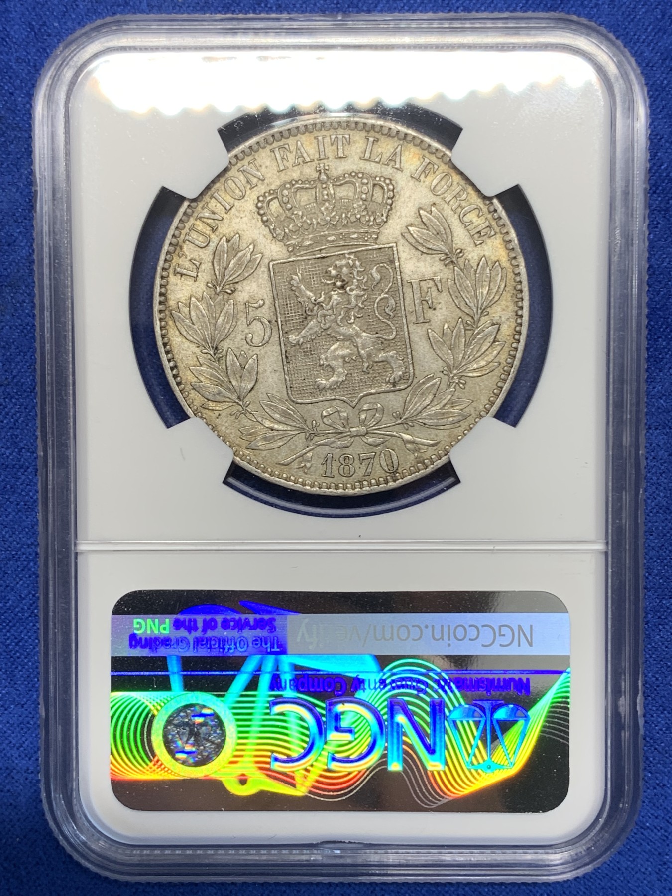 《竞宝斋》第193场-周日，周一 2场 (全场包邮) NGC-MS62 比利时 1870年 利奥波德二世 5法郎银币 原味黄油老包浆