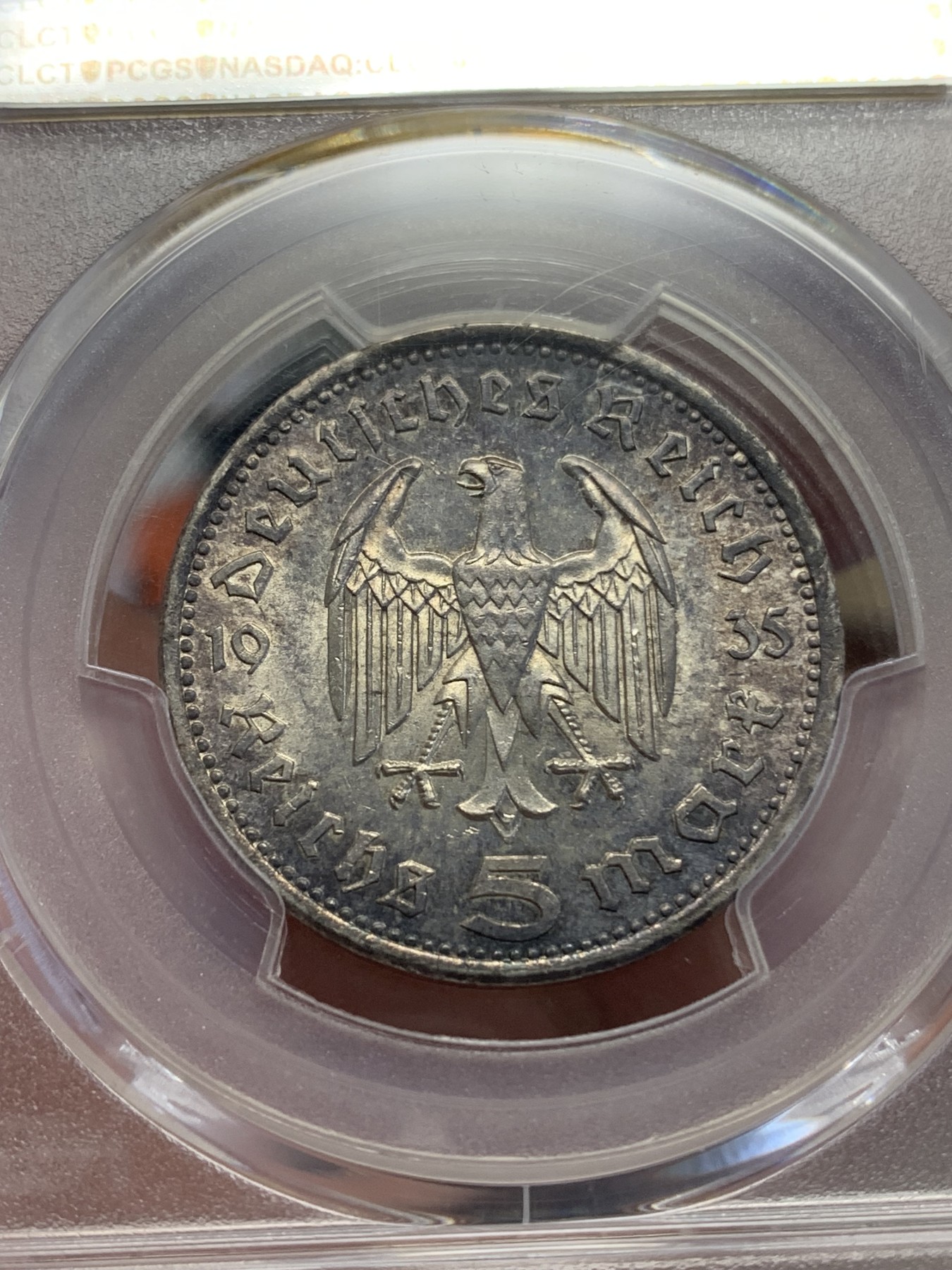 《竞宝斋》第193场-周日，周一 2场 (全场包邮) PCGS-MS63 德国1935年 兴登堡5马克 银币 黑色五彩包浆