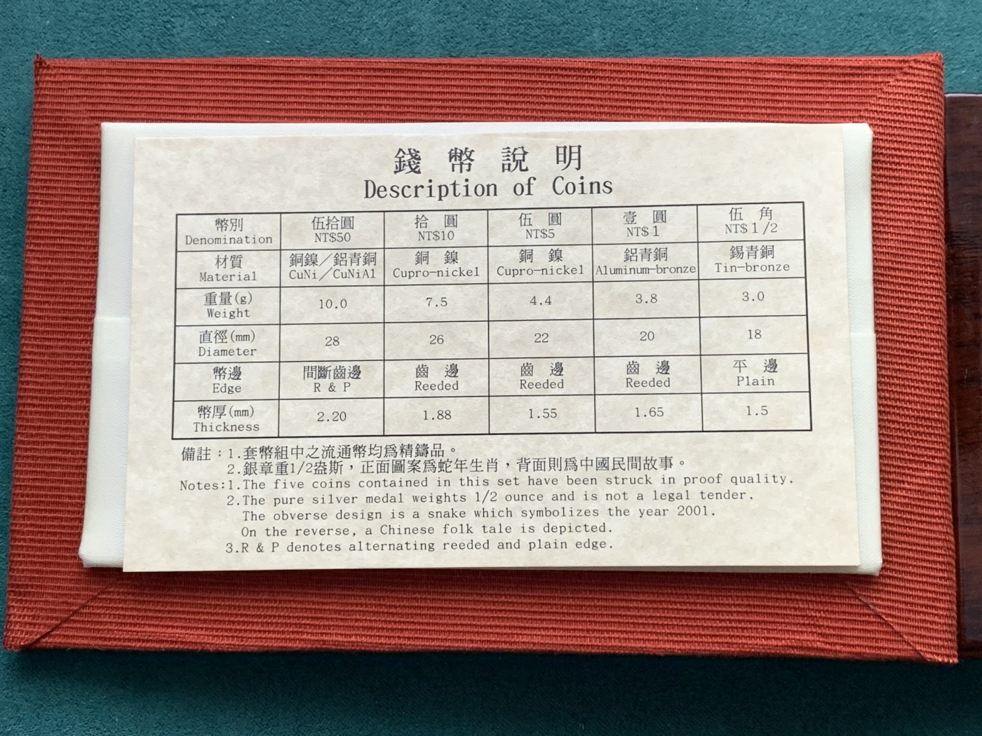 《竞宝斋》第193场-周日，周一 2场 (全场包邮) 台湾省 2001 民国九十年第一轮蛇年精致套币含二分之一盎司大银章 少见生肖 现在很难在运进来 市场价四百多元