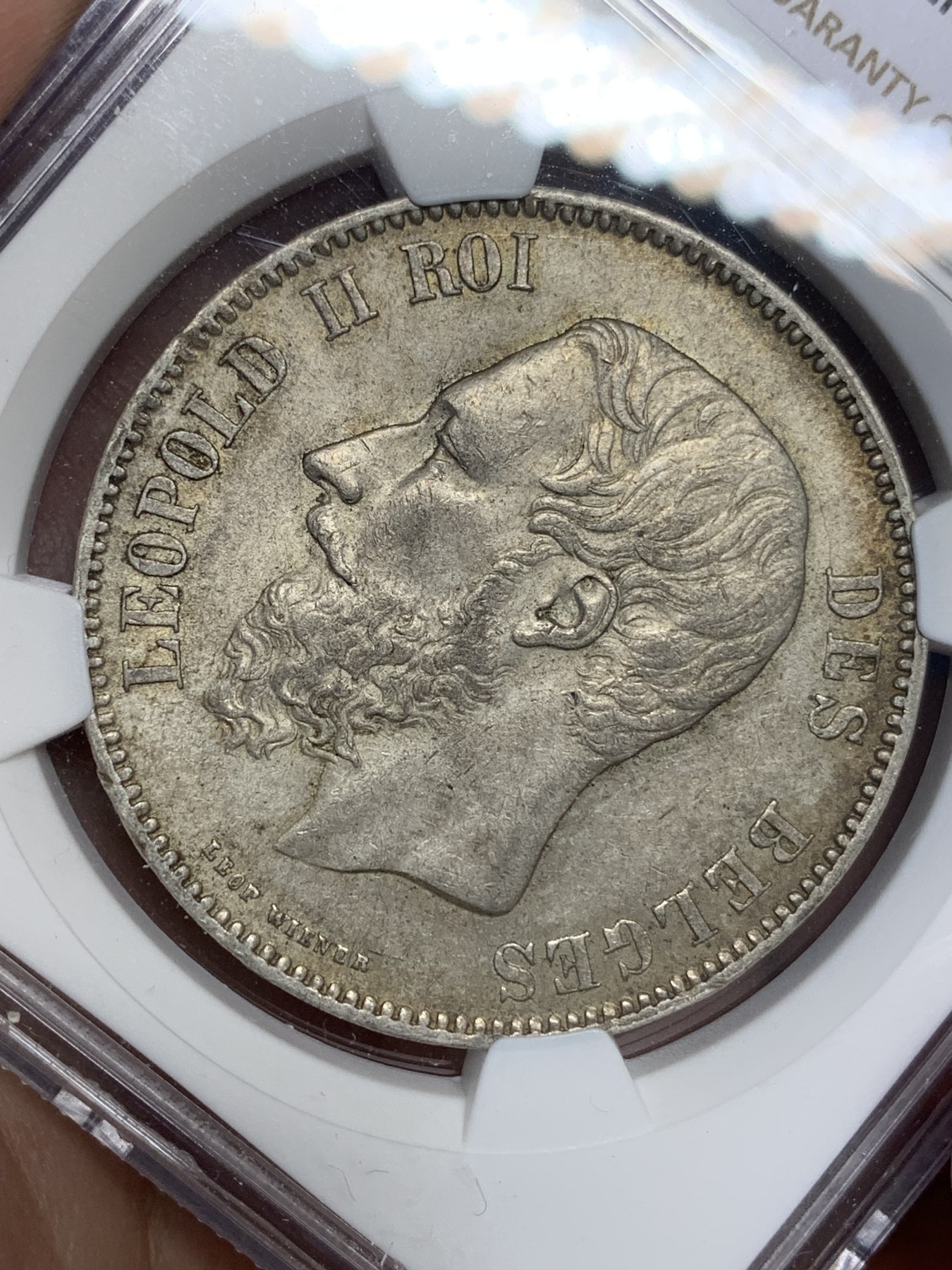 《竞宝斋》第193场-周日，周一 2场 (全场包邮) NGC-MS62 比利时 1870年 利奥波德二世 5法郎银币 原味黄油老包浆