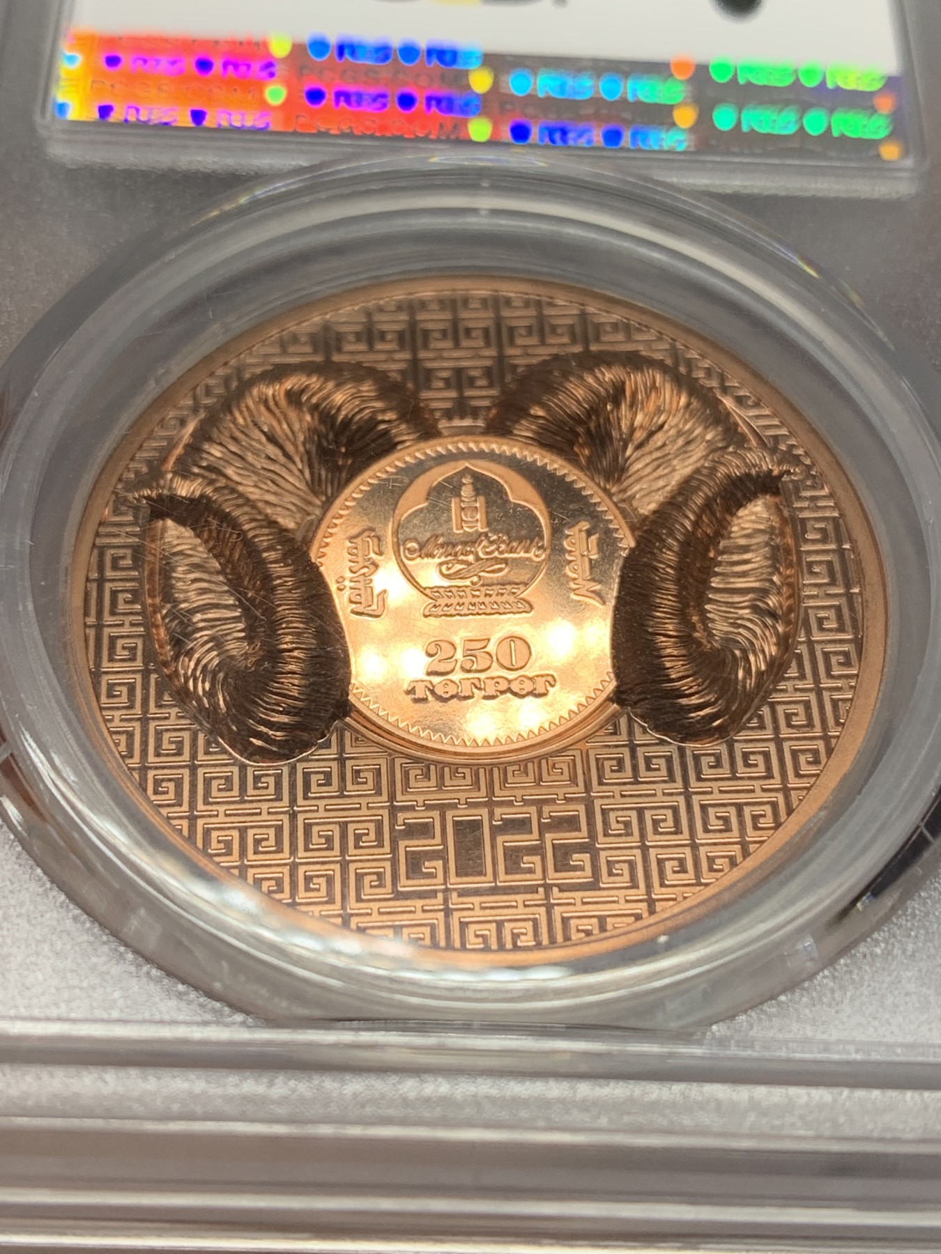 《竞宝斋》第193场-周日，周一 2场 (全场包邮) PCGS MSPL70RD 蒙古国 2022 盘羊 250图格里克铜币 完美超高浮雕