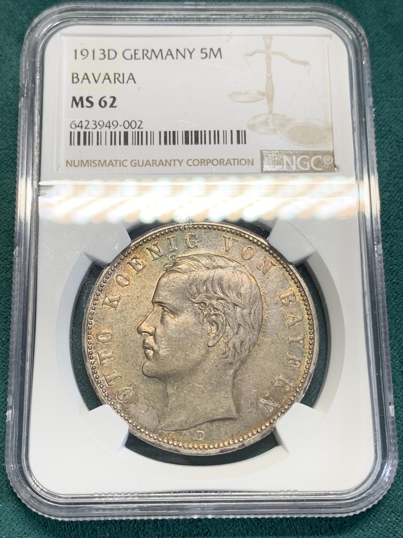 《竞宝斋》第193场-周日，周一 2场 (全场包邮) NGC-MS62 德国 1913-D 巴伐利亚奥托一世 5马克 极品五彩包浆 非常养眼的一枚