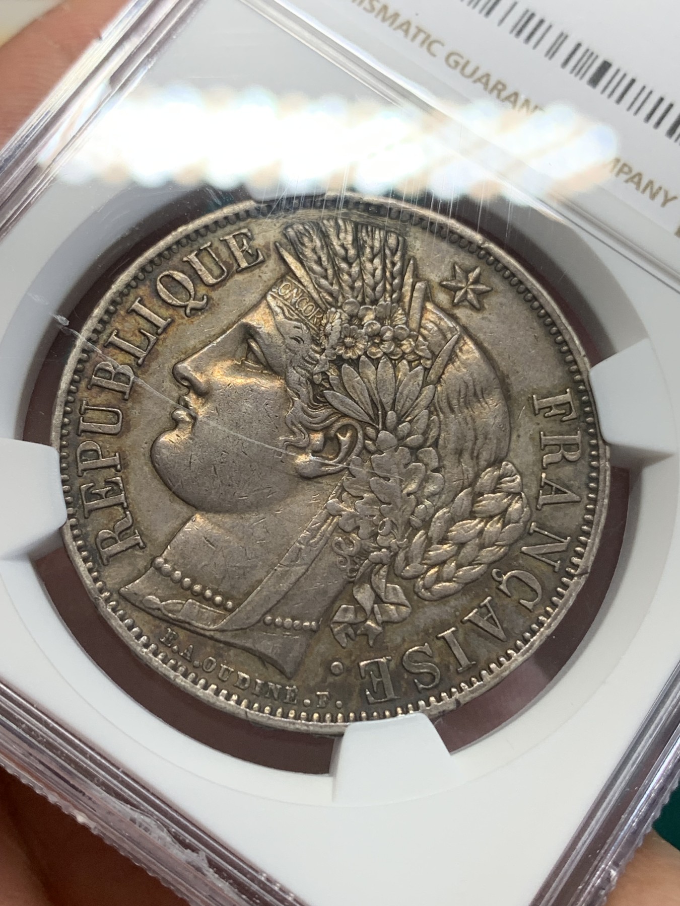 《竞宝斋》第193场-周日，周一 2场 (全场包邮) NGC AUD 法国1849年谷物女神5法郎大银币 细节见图