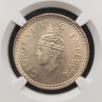 第20期钱币微拍 - NGC MS62 英属印度 1943年B版 Reverse B 1卢比银币 特年